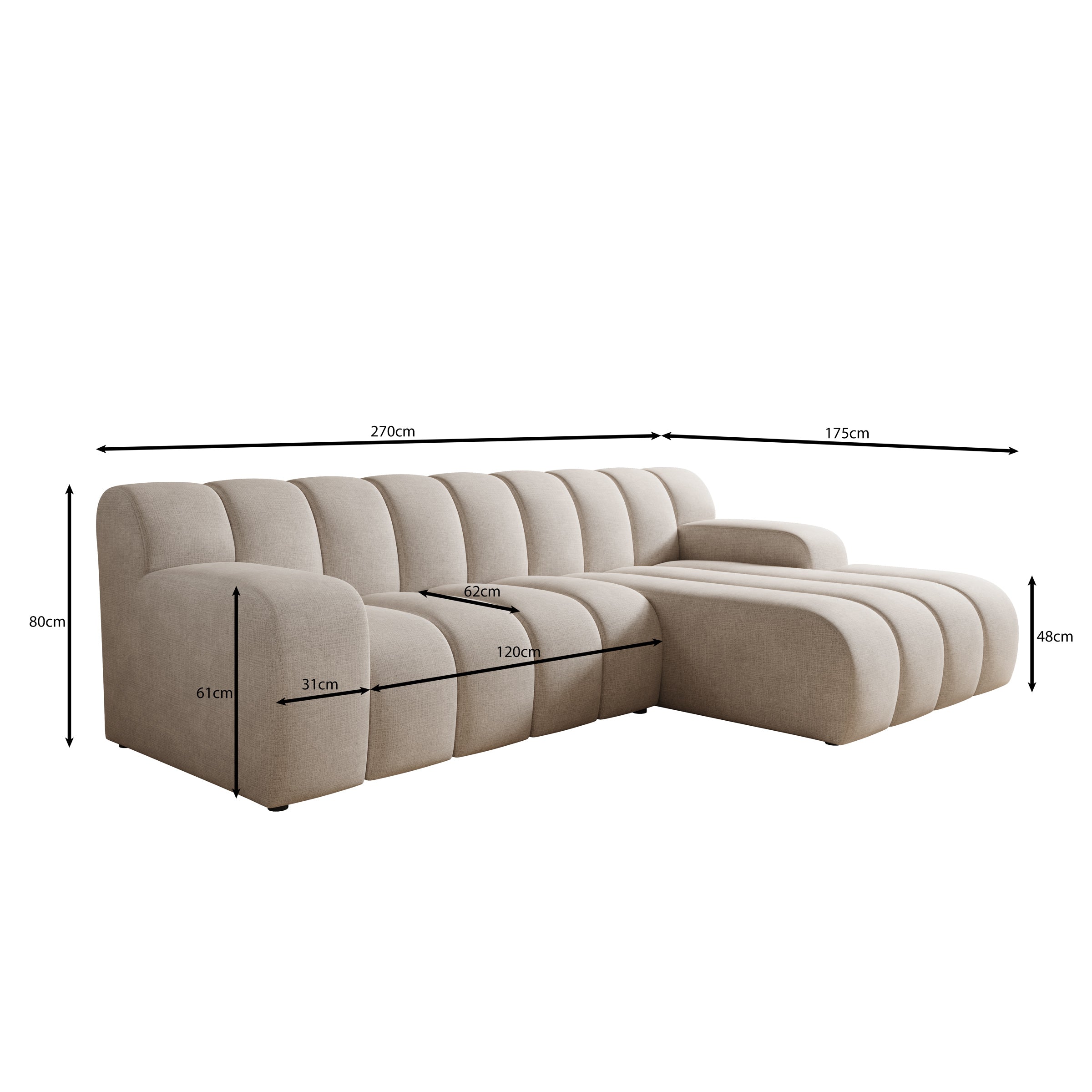 Brunello - Hoekbank 3-zits met chaise longue - Stof zwart - Rechts
