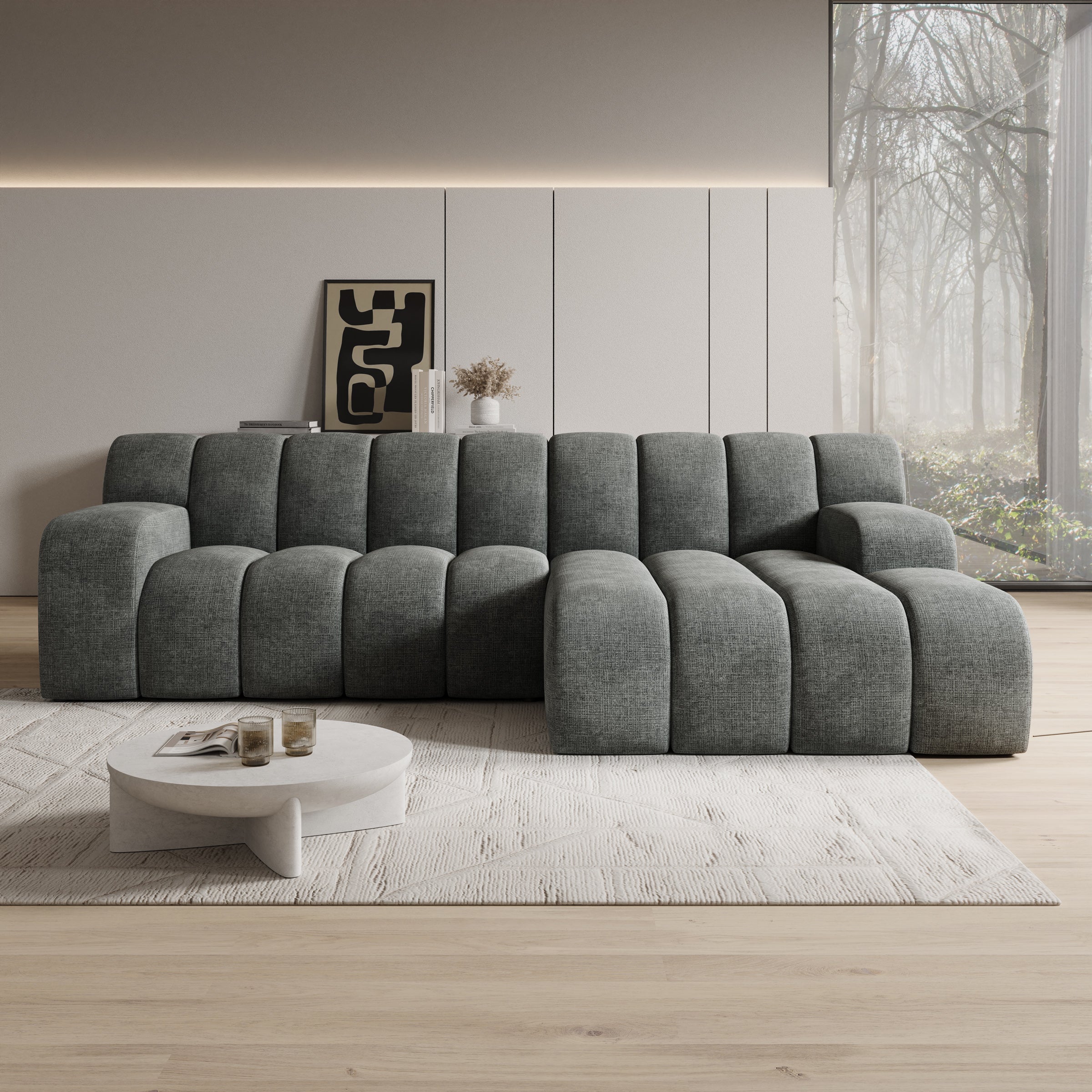 Brunello - Hoekbank 3-zits met chaise longue - Stof zwart - Rechts