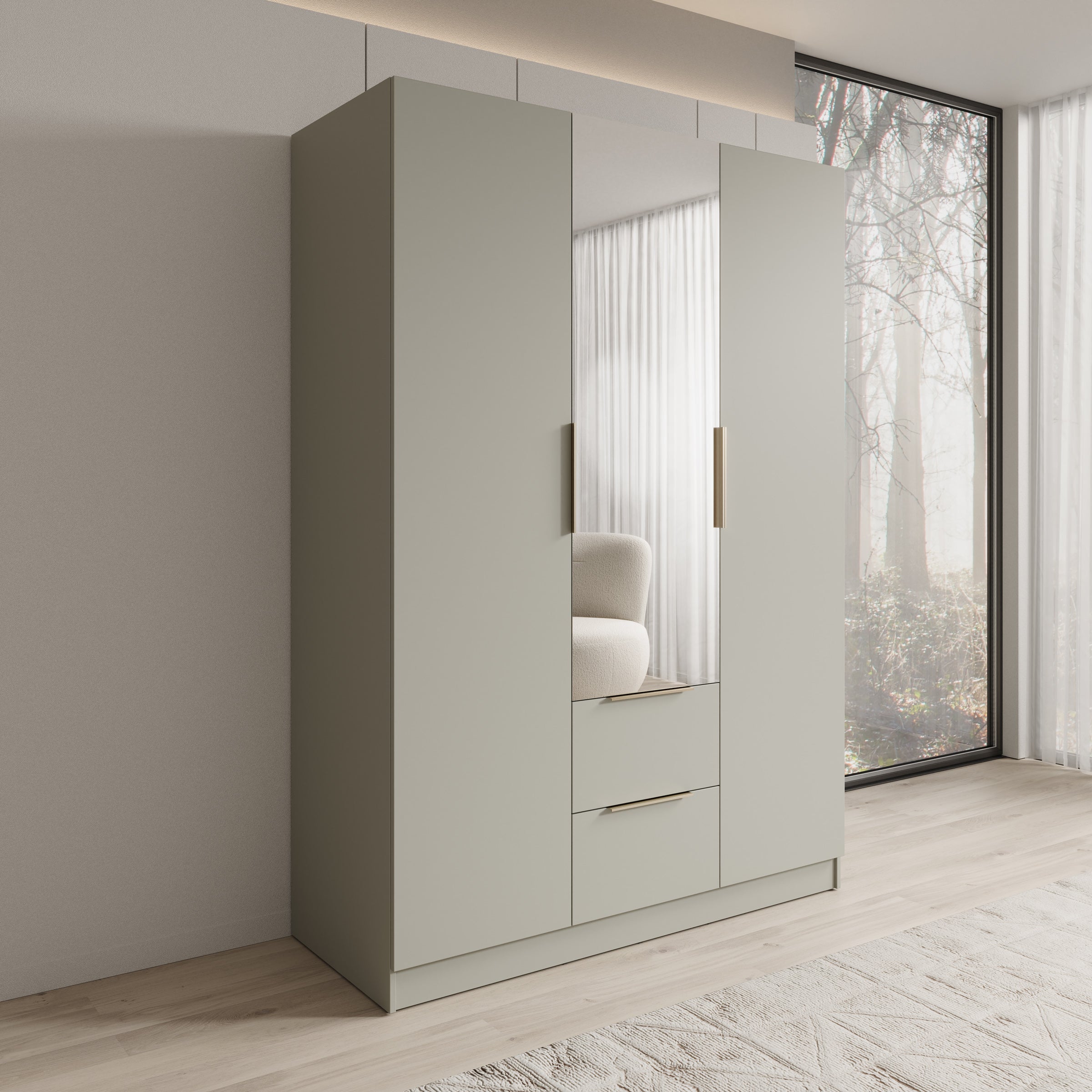 Caliero - Kledingkast 3-deurs met spiegel - Beige - 150x60x216 cm