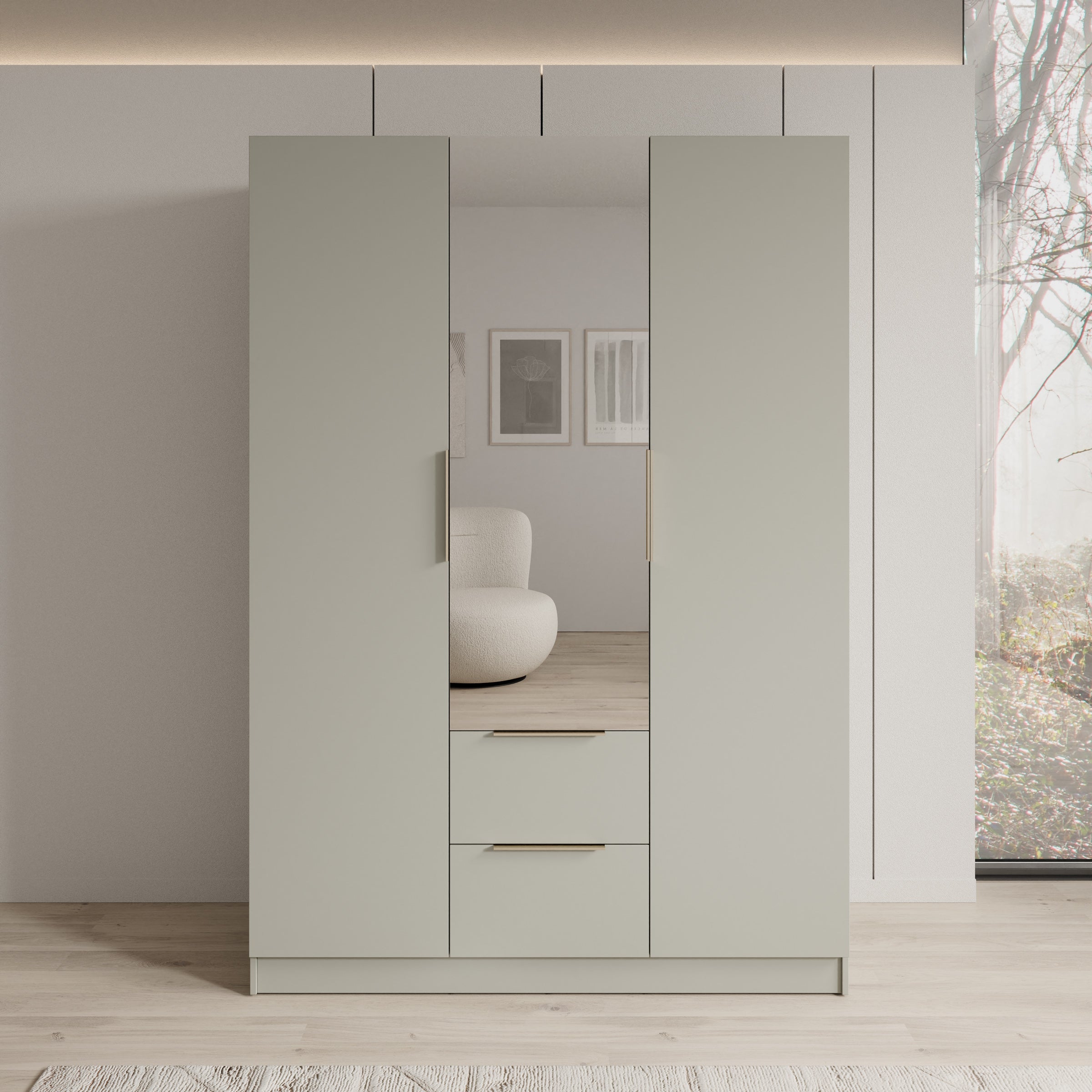 Caliero - Kledingkast 3-deurs met spiegel - Beige - 150x60x216 cm