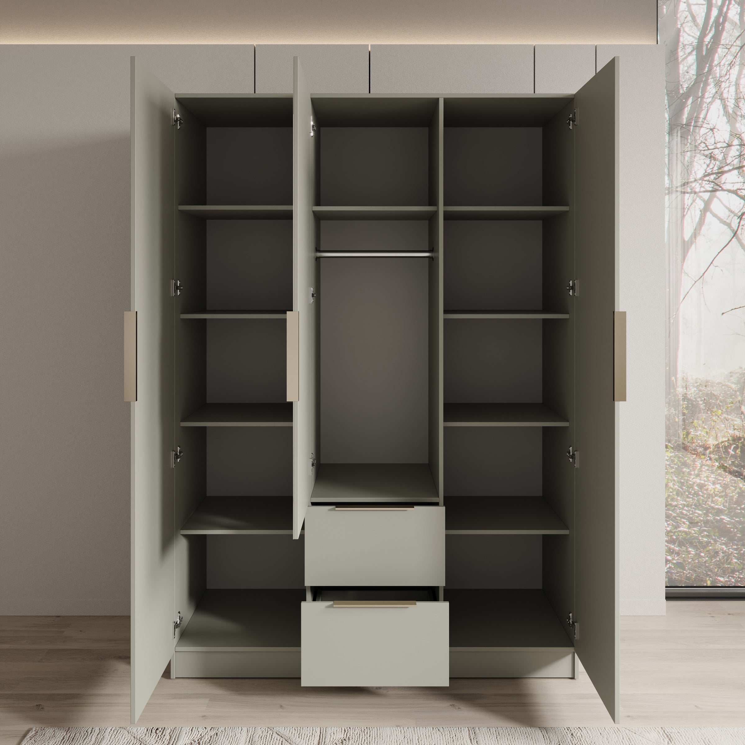 Caliero - Kledingkast 3-deurs met spiegel - Beige - 150x60x216 cm