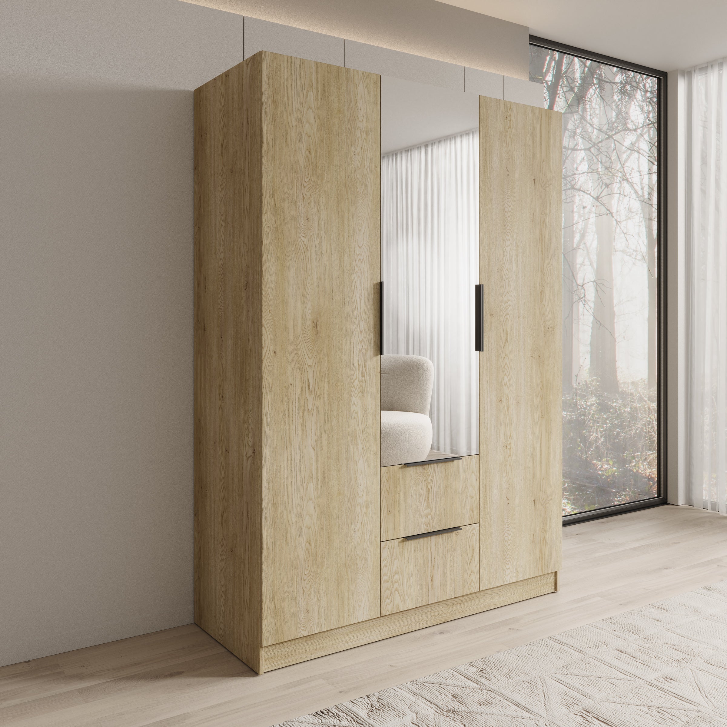 Caliero - Kledingkast 3-deurs met spiegel - Eikenpatroon - 150x60x216 cm