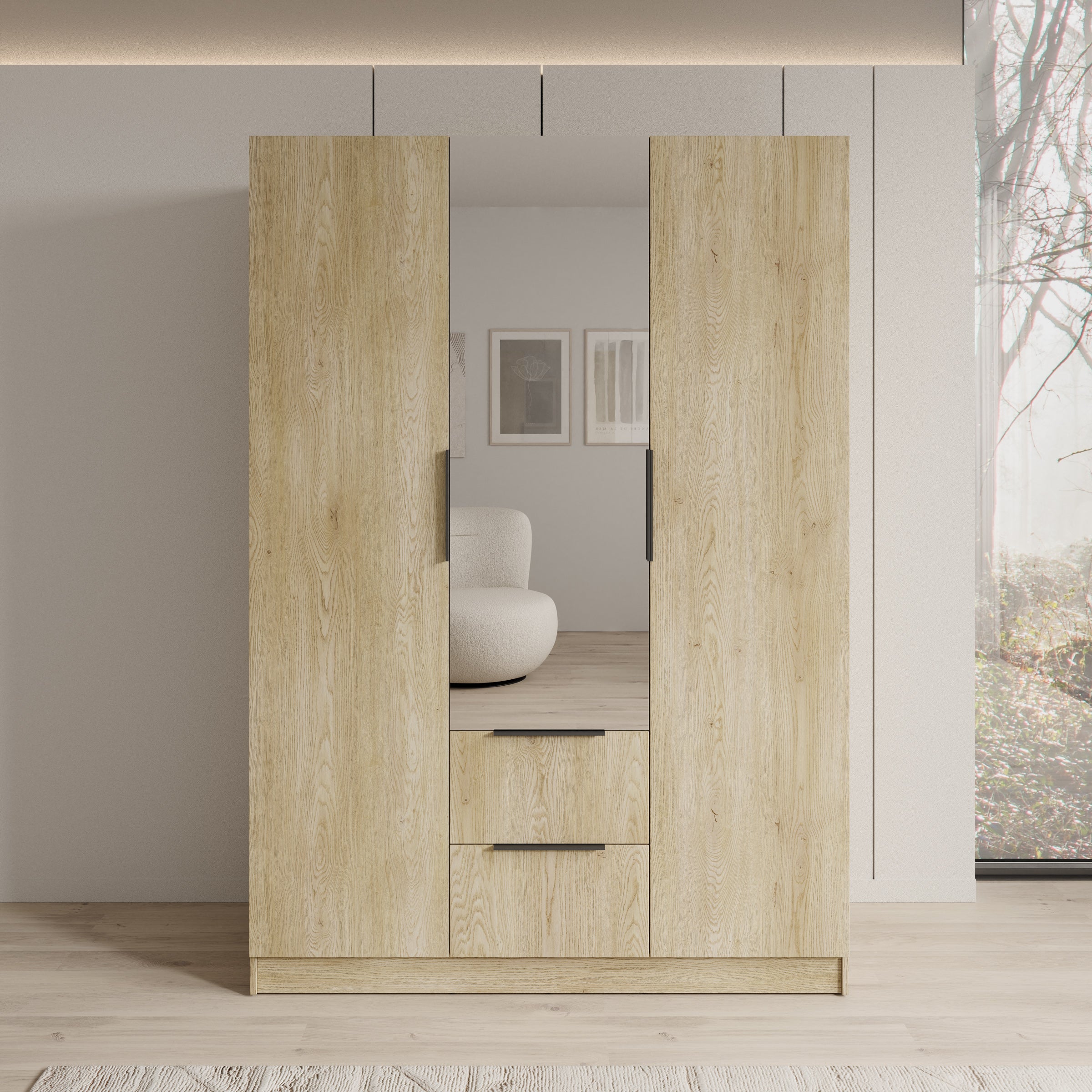 Caliero - Kledingkast 3-deurs met spiegel - Eikenpatroon - 150x60x216 cm