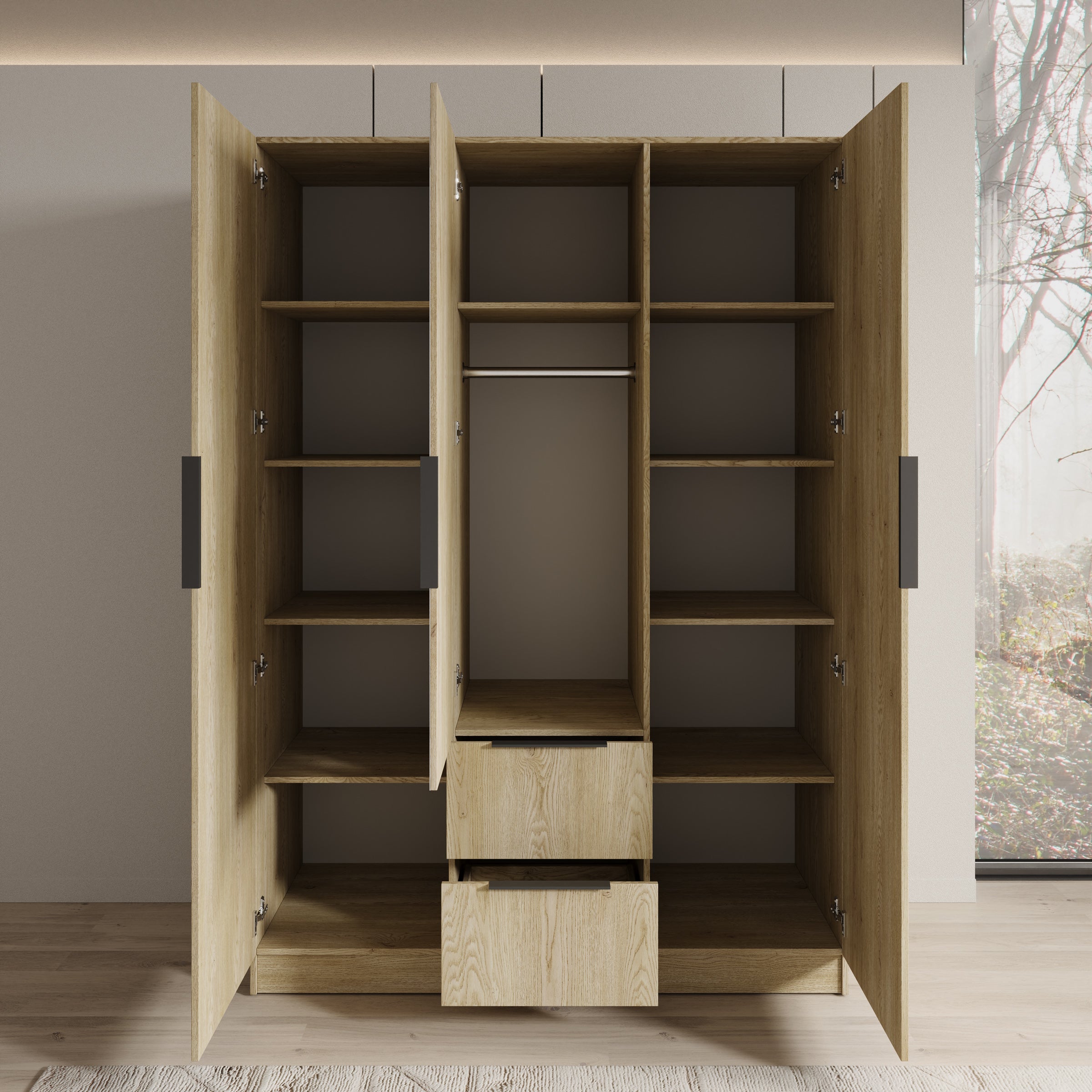 Caliero - Kledingkast 3-deurs met spiegel - Eikenpatroon - 150x60x216 cm