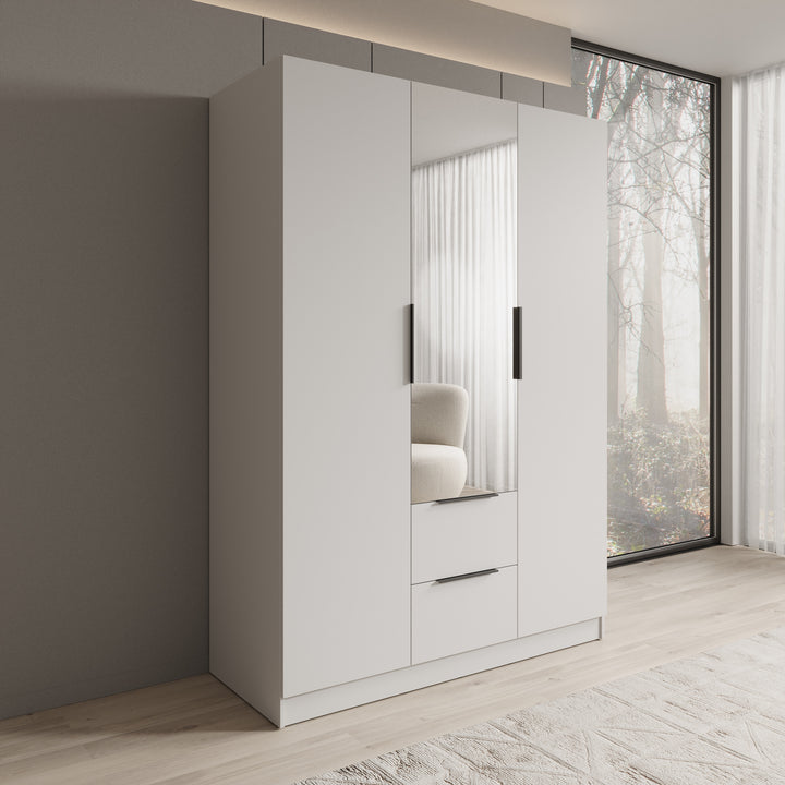 Caliero - Kledingkast 3-deurs met spiegel - Wit - 150x60x216