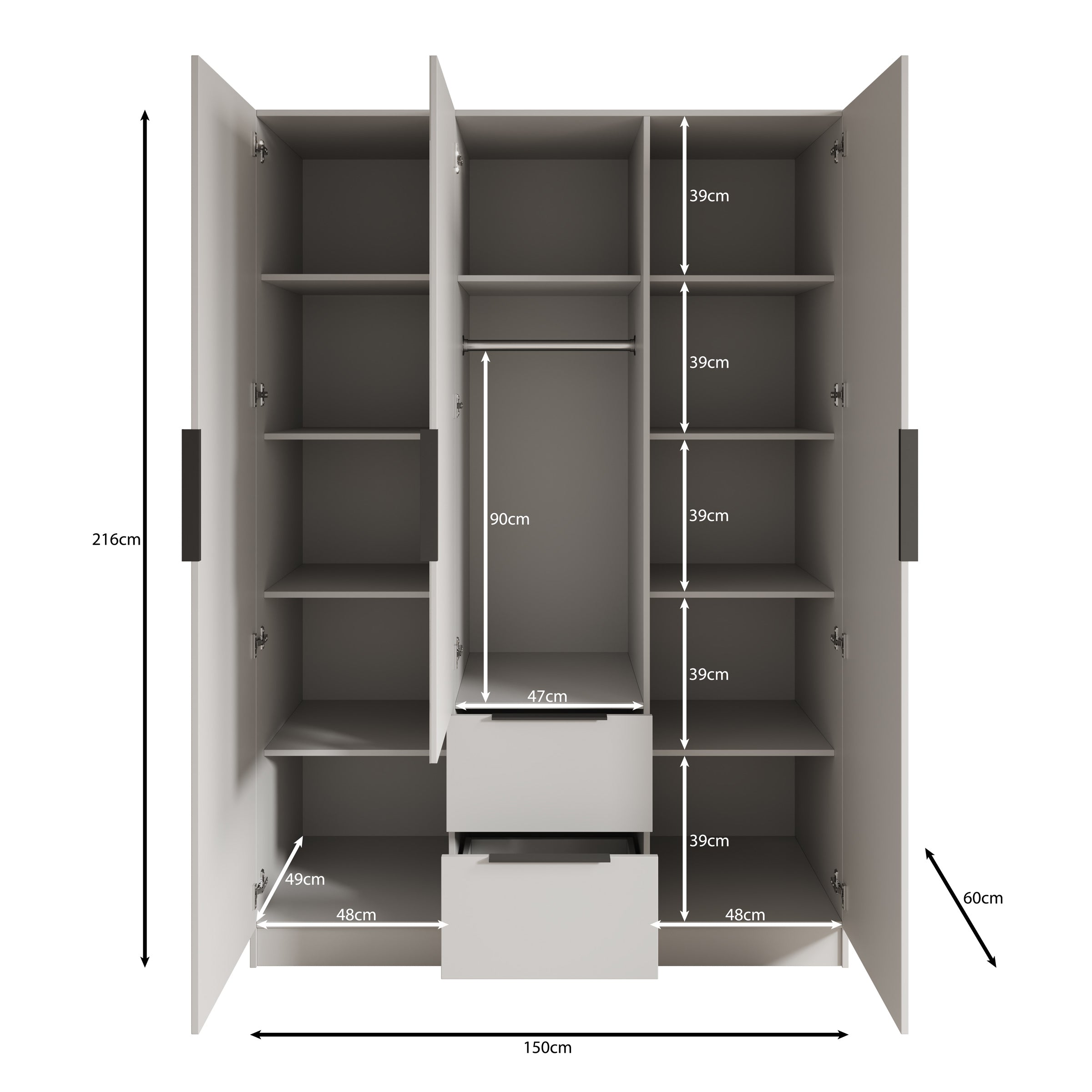 Caliero - Kledingkast 3-deurs met spiegel - Wit - 150x60x216