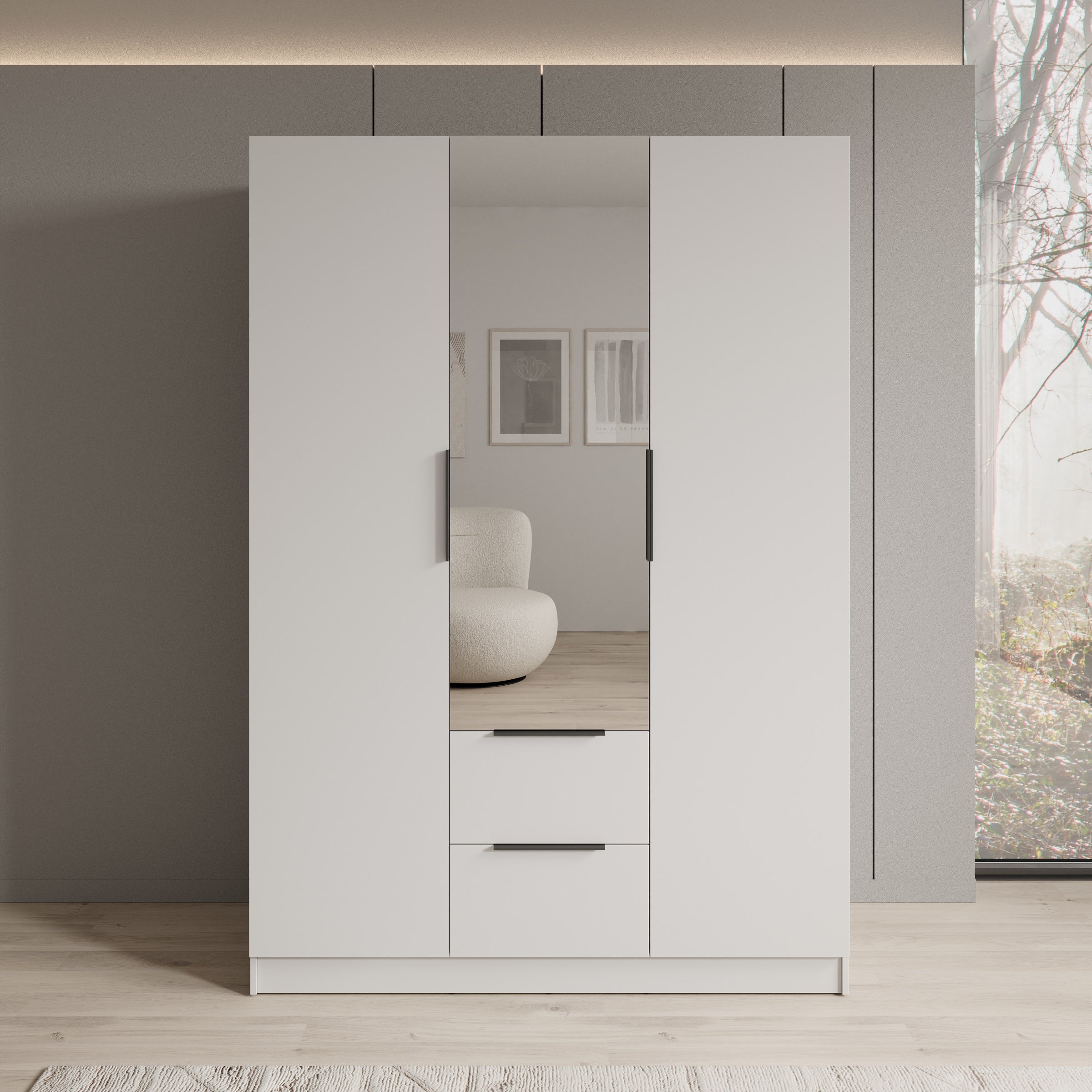 Caliero - Kledingkast 3-deurs met spiegel - Wit - 150x60x216