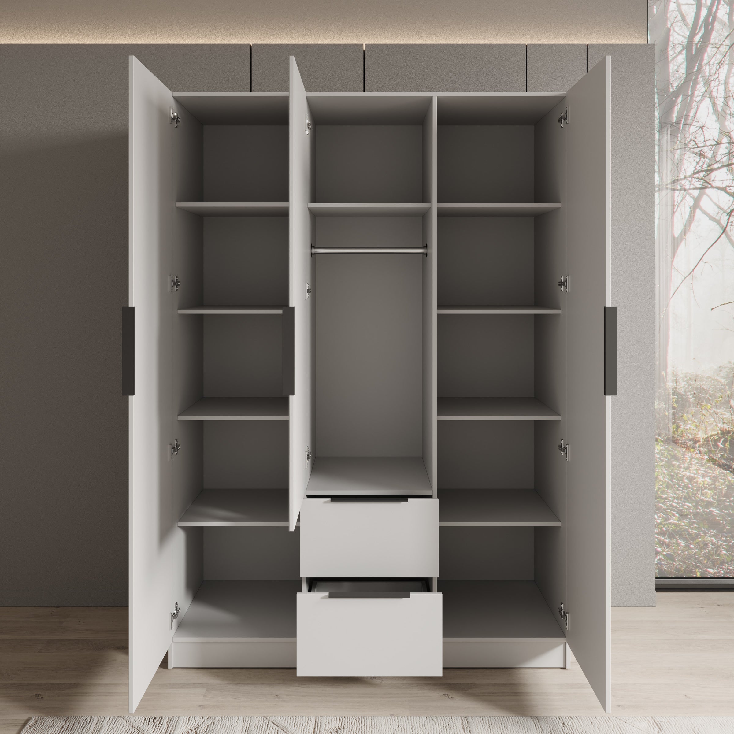Caliero - Kledingkast 3-deurs met spiegel - Wit - 150x60x216