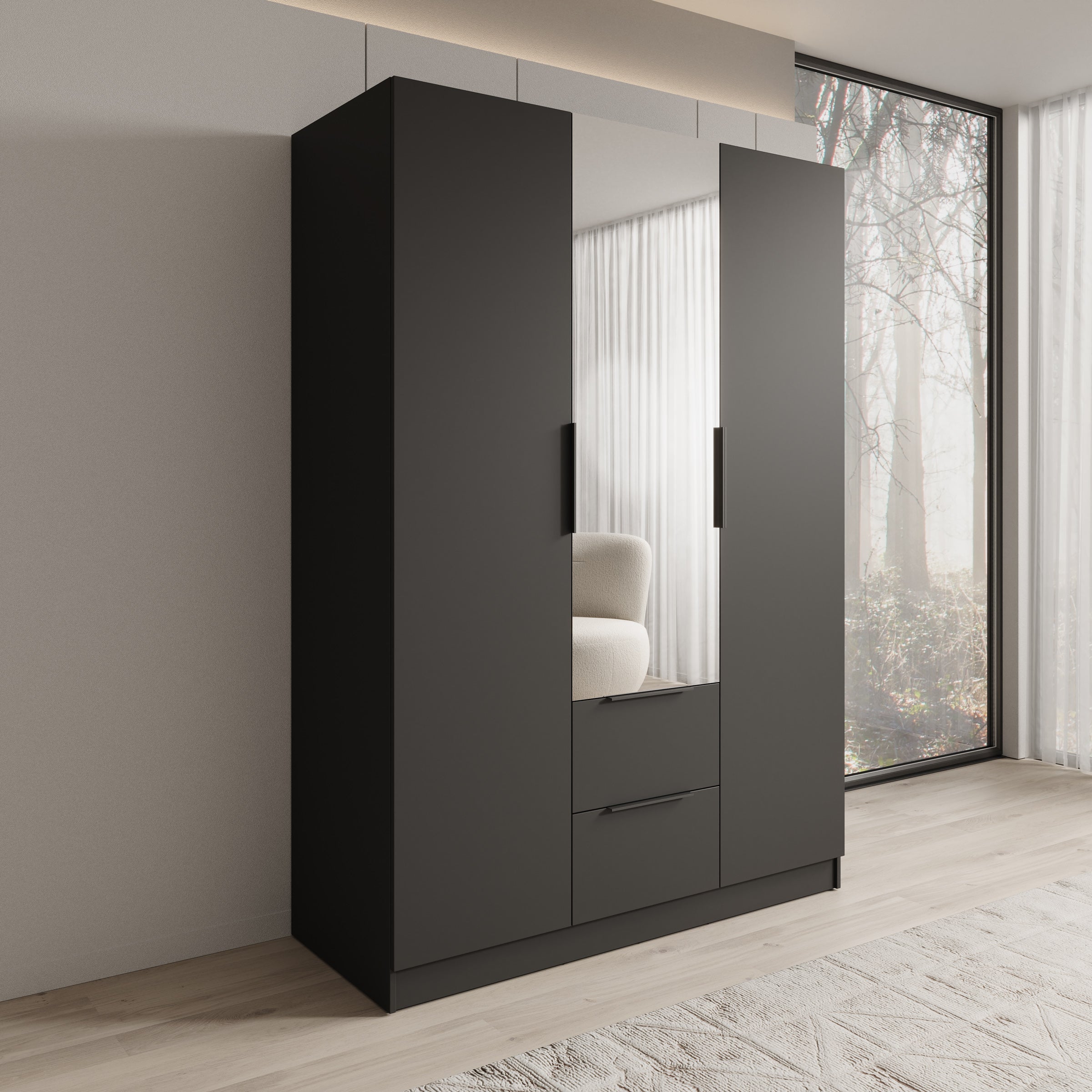 Caliero - Kledingkast 3-deurs met spiegel - Zwart - 150x60x216 cm
