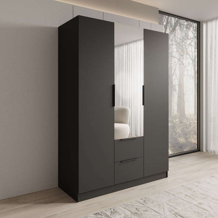 Caliero - Kledingkast 3-deurs met spiegel - Zwart - 150x60x216 cm