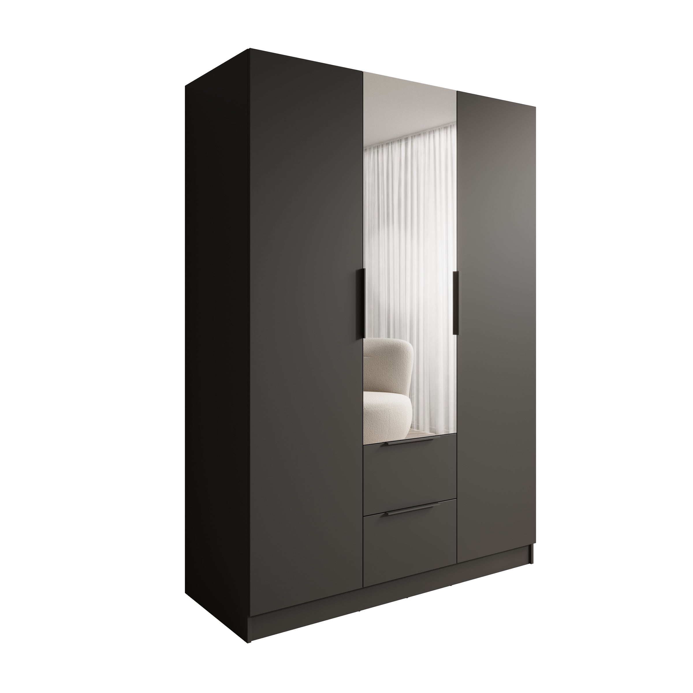 Caliero - Kledingkast 3-deurs met spiegel - Zwart - 150x60x216 cm