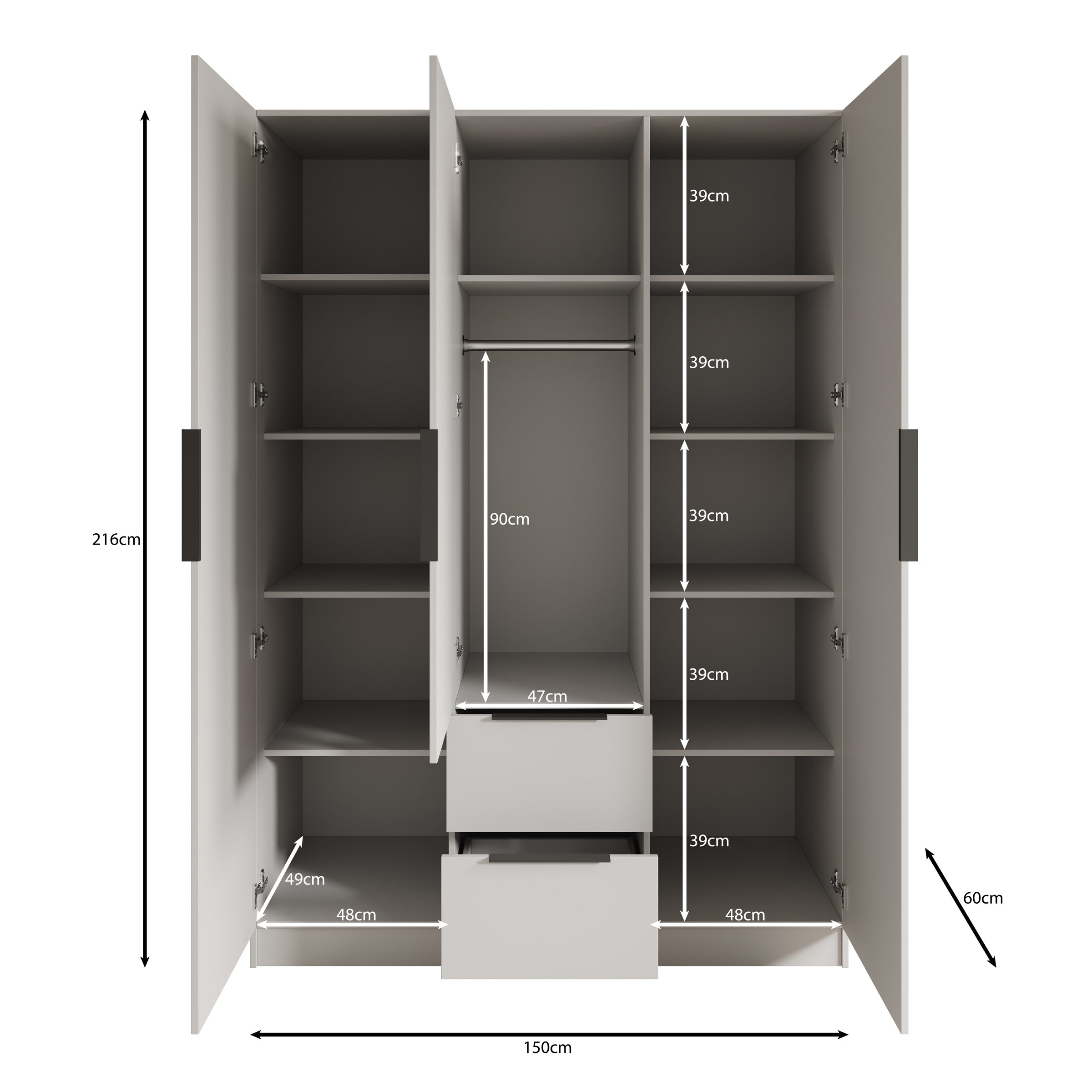 Caliero - Kledingkast 3-deurs met spiegel - Zwart - 150x60x216 cm