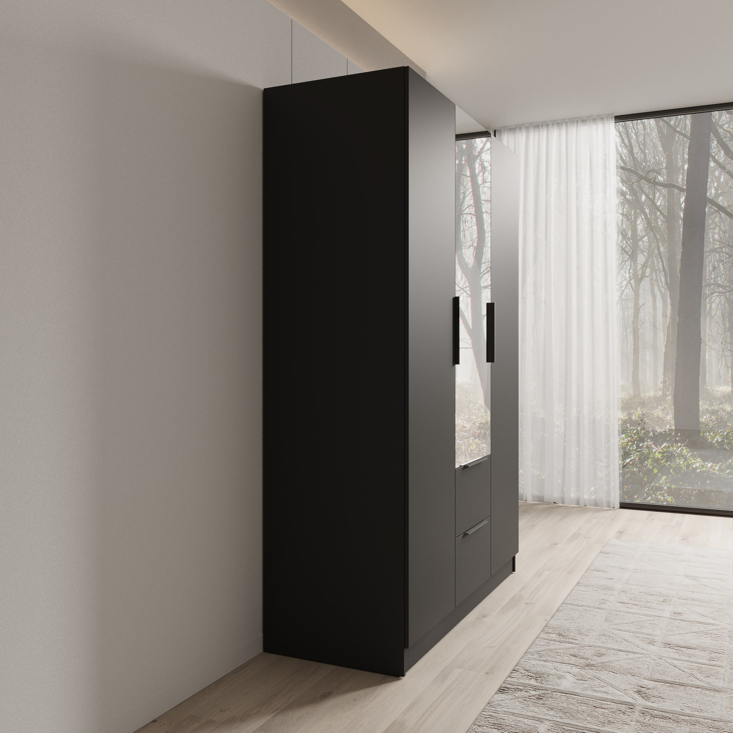 Caliero - Kledingkast 3-deurs met spiegel - Zwart - 150x60x216 cm