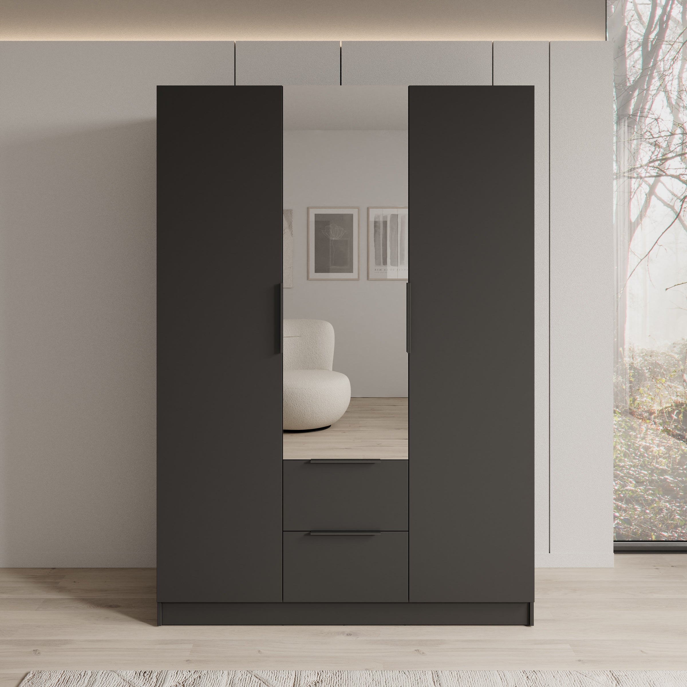 Caliero - Kledingkast 3-deurs met spiegel - Zwart - 150x60x216 cm