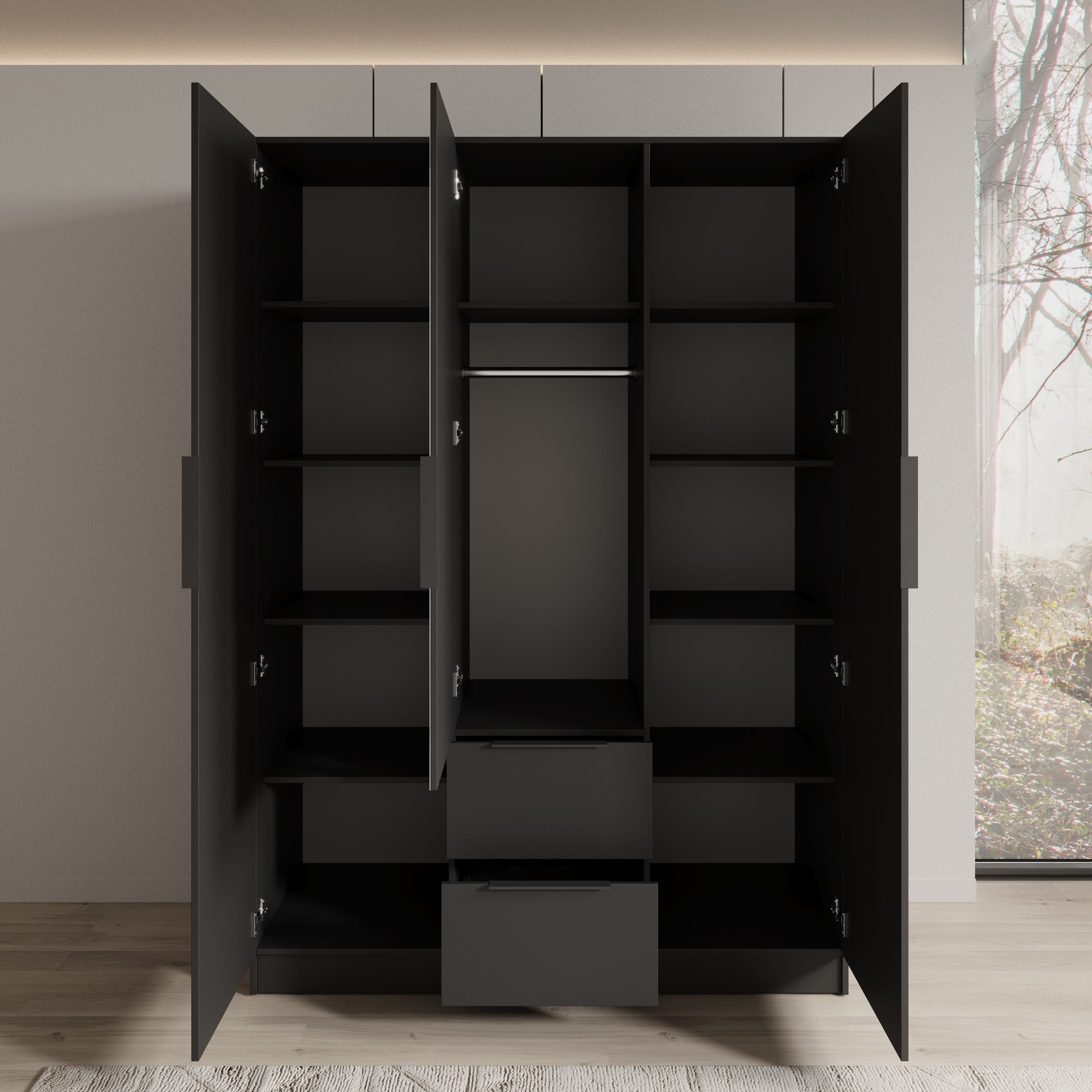 Caliero - Kledingkast 3-deurs met spiegel - Zwart - 150x60x216 cm