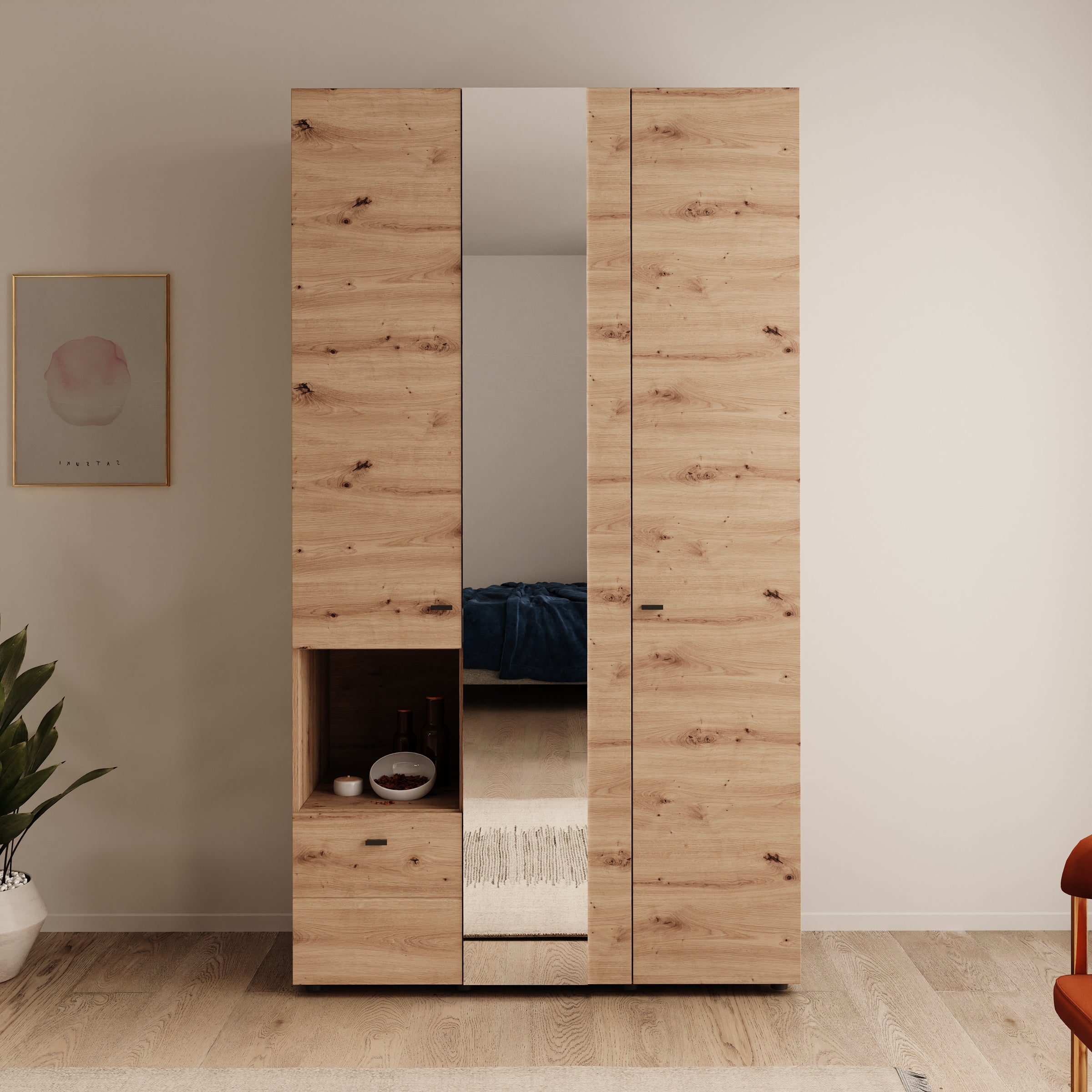 Calista - Kledingkast met 3 deuren - Eikenpatroon - 117x52x208 cm