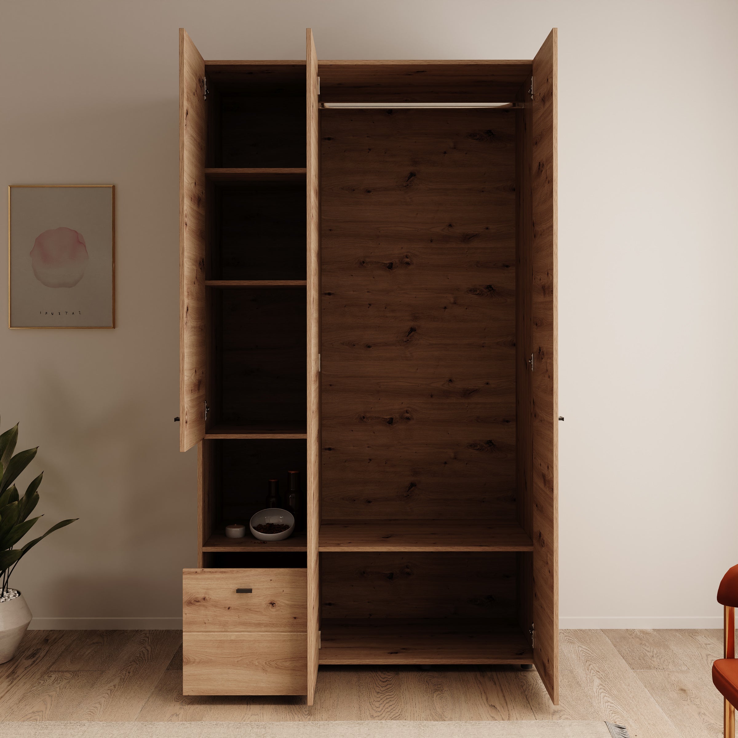 Calista - Kledingkast met 3 deuren - Eikenpatroon - 117x52x208 cm