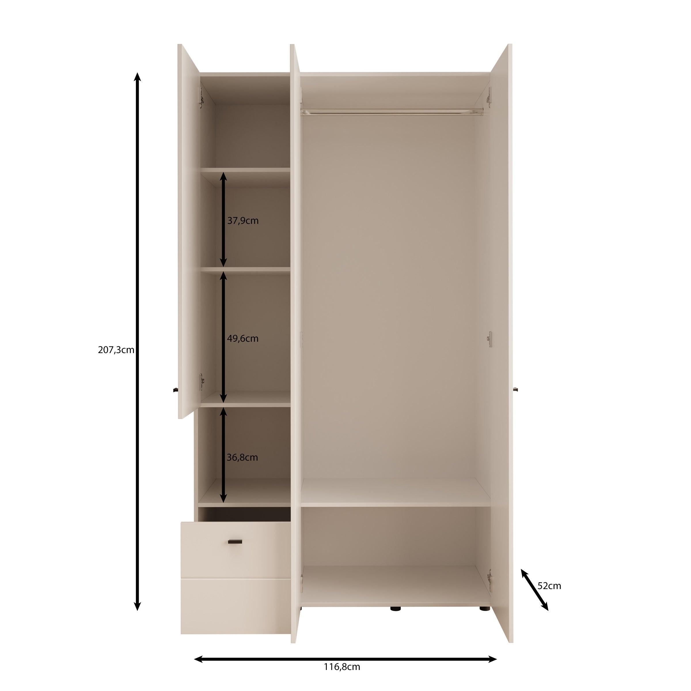 Calista - Kledingkast met 3 deuren - Wit - 117x52x208 cm