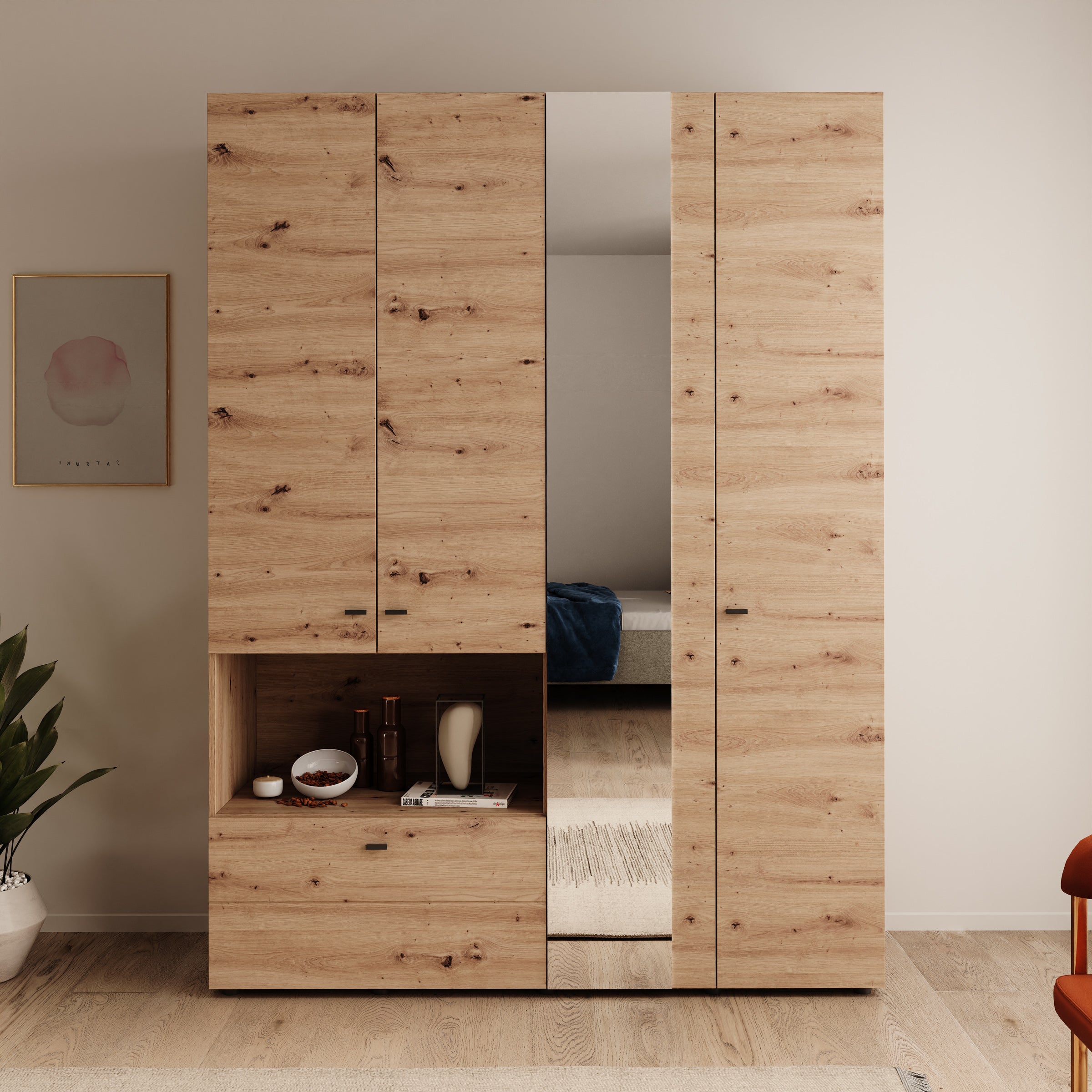 Calista - Kledingkast met 4 deuren - Eikenpatroon - 155x52x208 cm