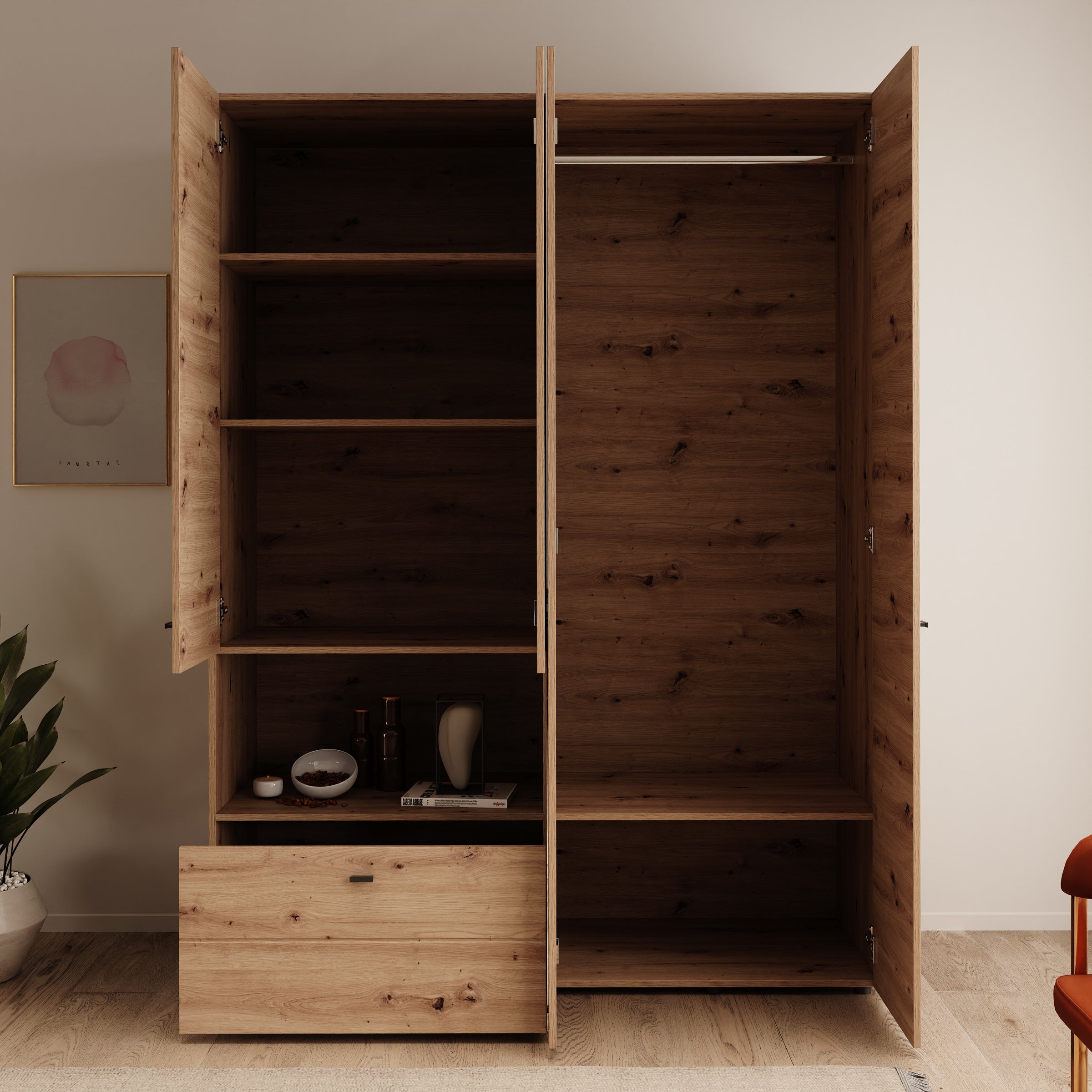 Calista - Kledingkast met 4 deuren - Eikenpatroon - 155x52x208 cm