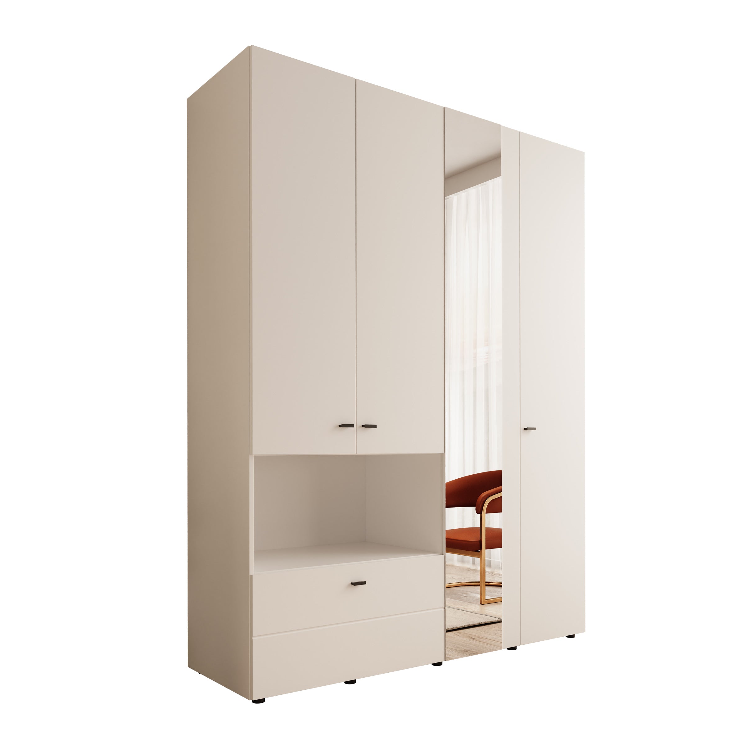 Calista - Kledingkast met 4 deuren - Wit - 155x52x208 cm