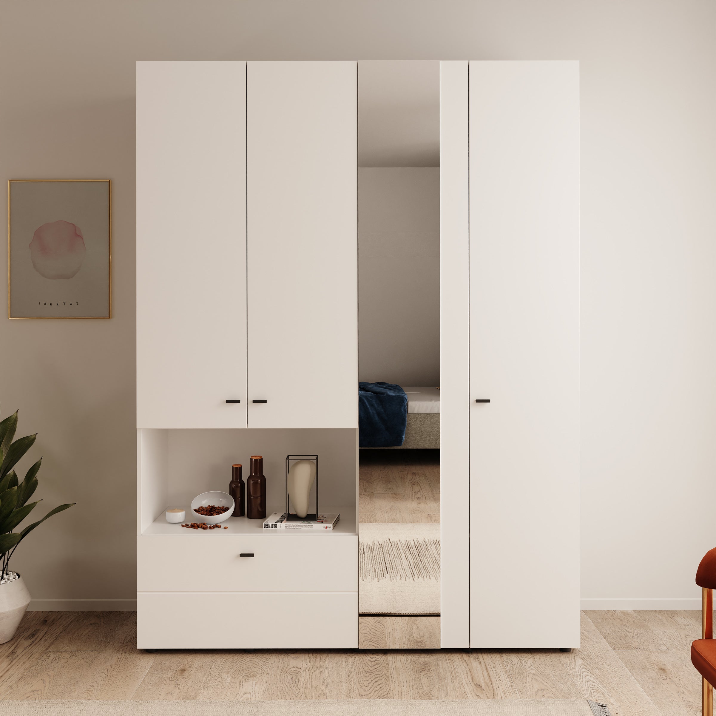 Calista - Kledingkast met 4 deuren - Wit - 155x52x208 cm