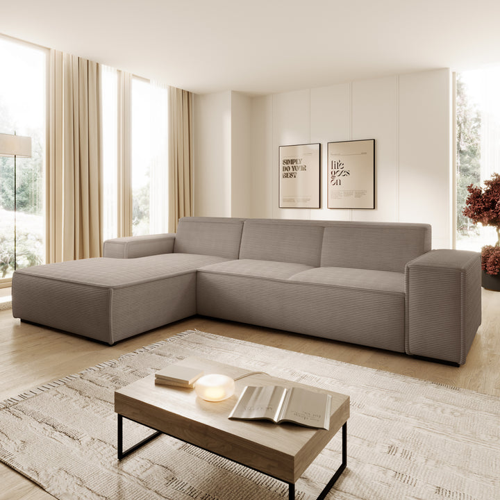 Cardiff - Hoekbank 3-zits met chaise longue - Ribstof bruin - Links