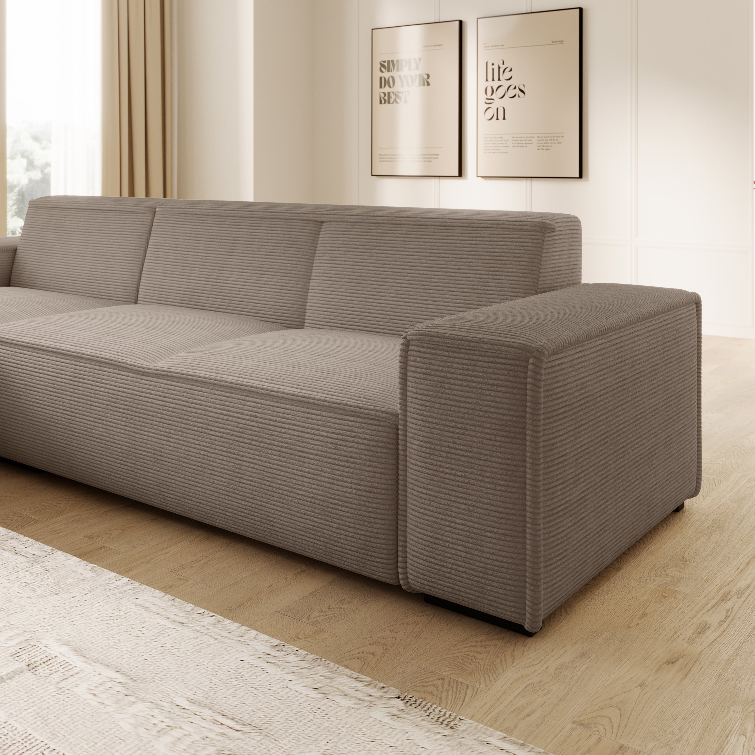 Cardiff - Hoekbank 3-zits met chaise longue - Ribstof bruin - Links