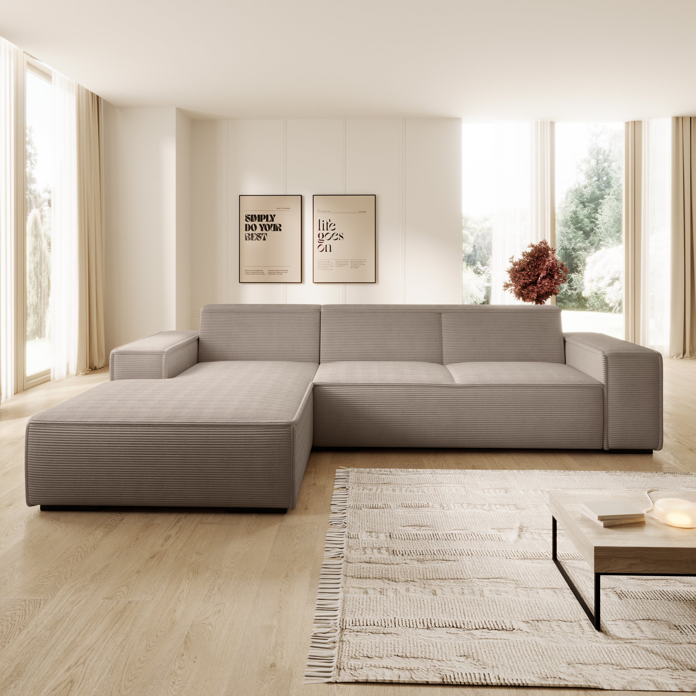 Cardiff - Hoekbank 3-zits met chaise longue - Ribstof bruin - Links