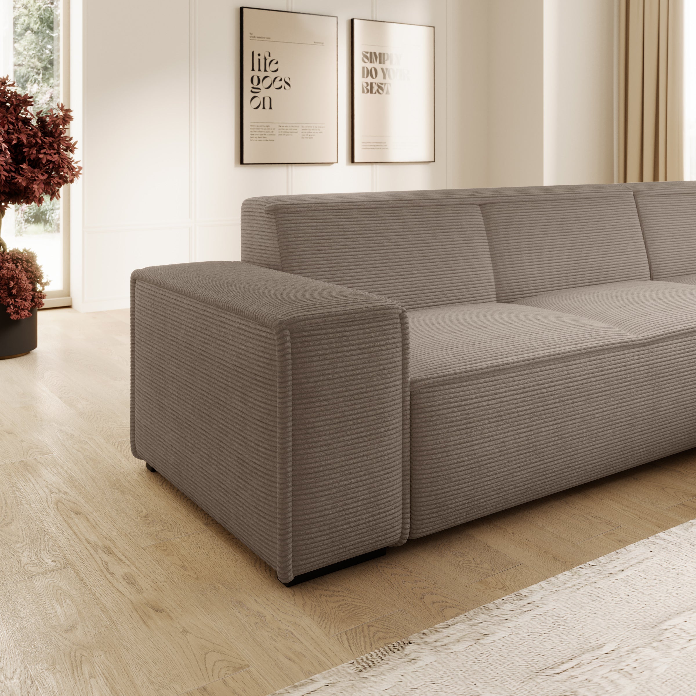 Cardiff - Hoekbank 3-zits met chaise longue - Ribstof bruin - Rechts