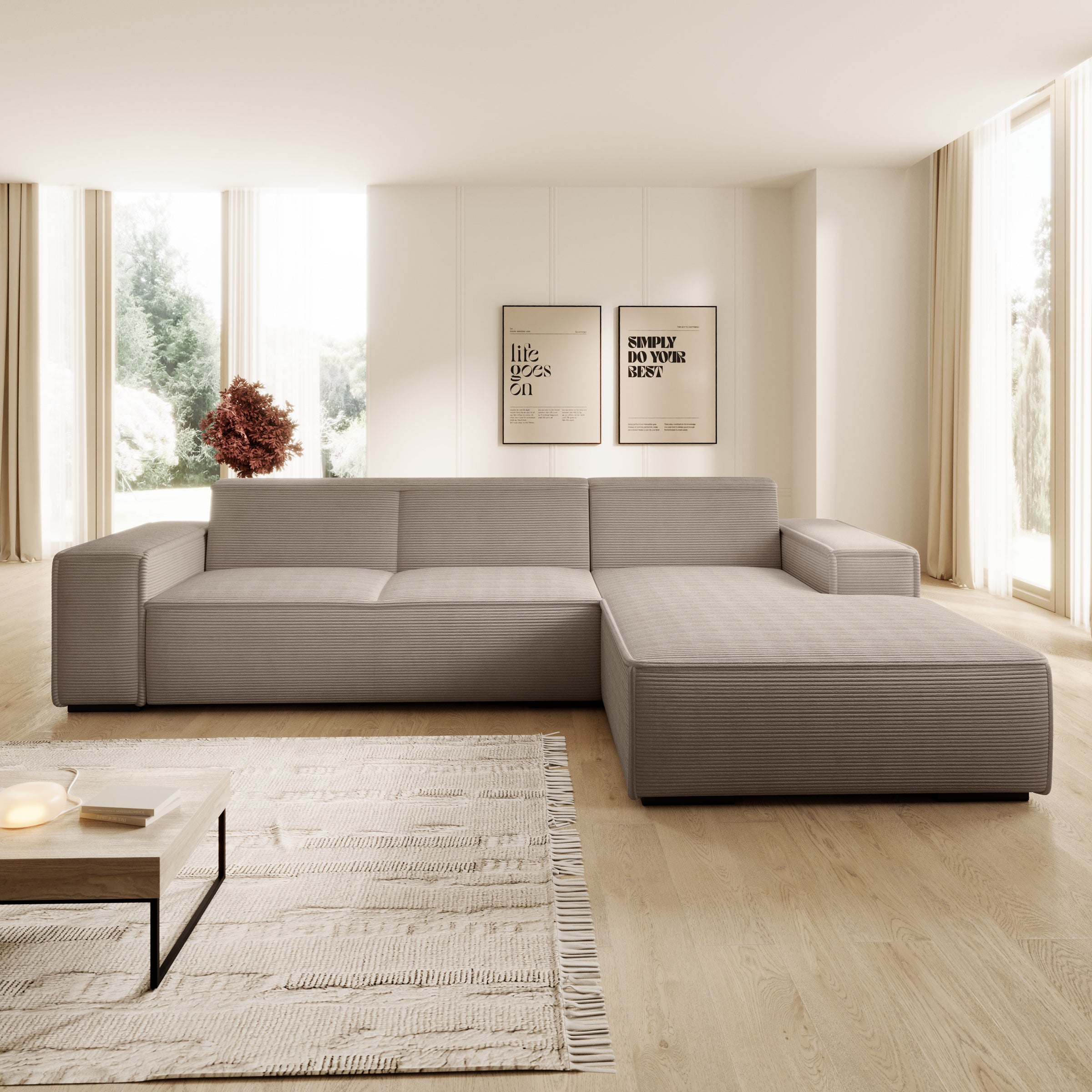 Cardiff - Hoekbank 3-zits met chaise longue - Ribstof bruin - Rechts