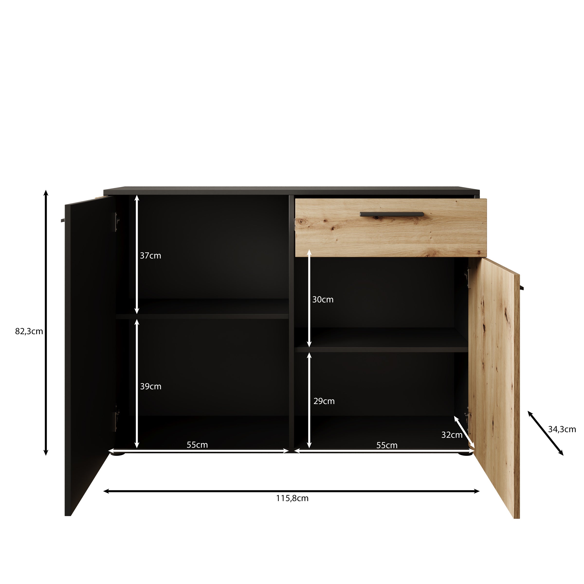 Clover - Dressoir - Eiken/Zwart - 116x34x82 cm