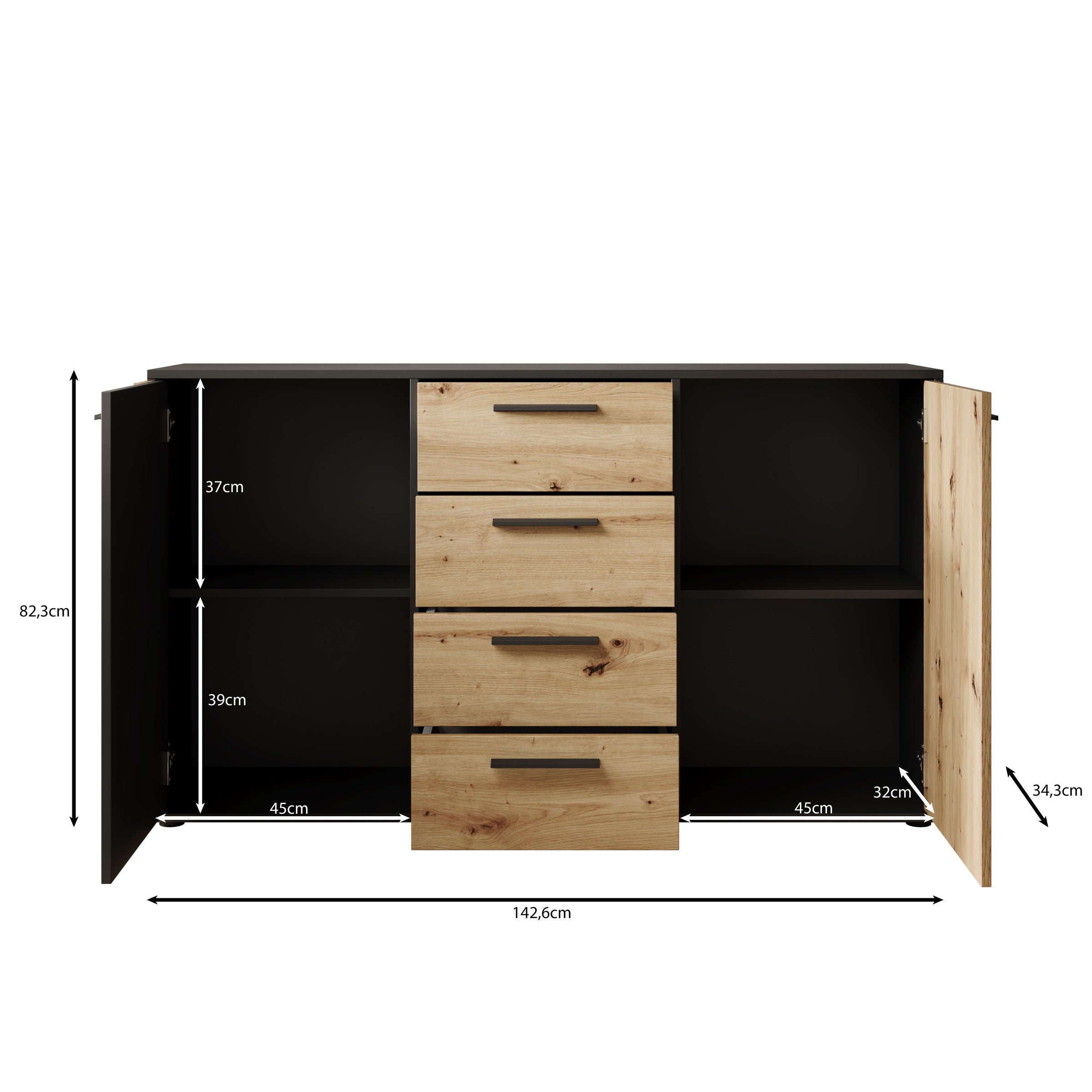 Clover - Dressoir - Eiken/Zwart - 143x34x82 cm