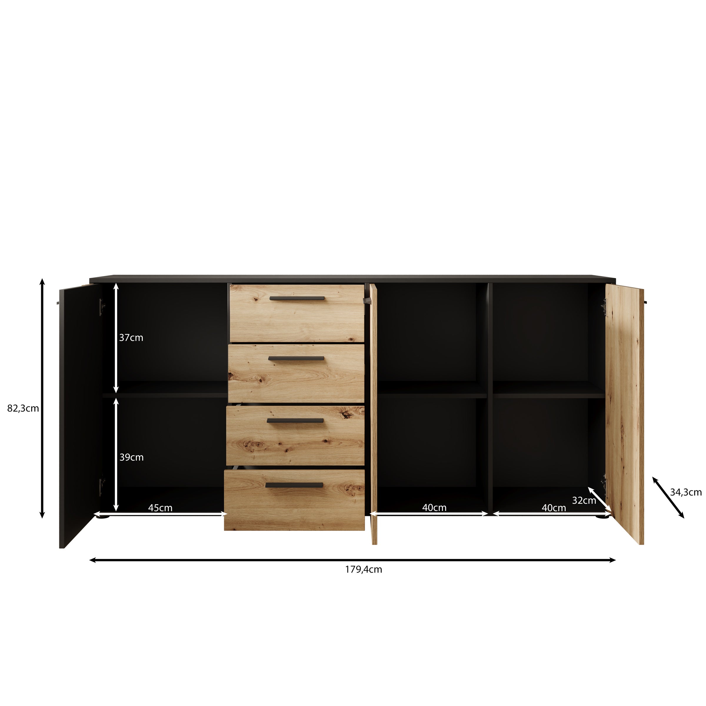 Clover - Dressoir - Eiken/Zwart - 179x34x82 cm