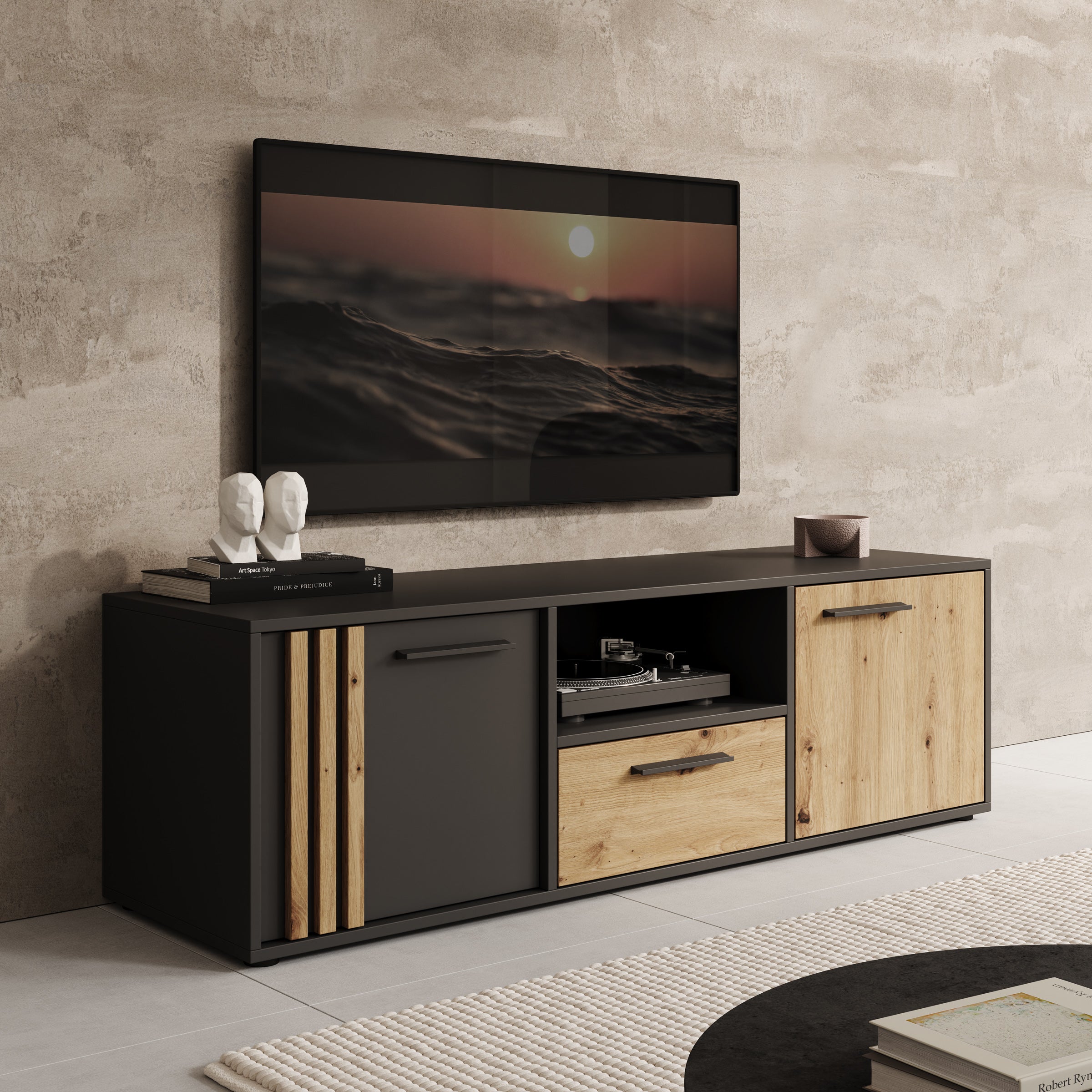 Clover - TV-Meubel - Eiken/Zwart - 143x42x44 cm