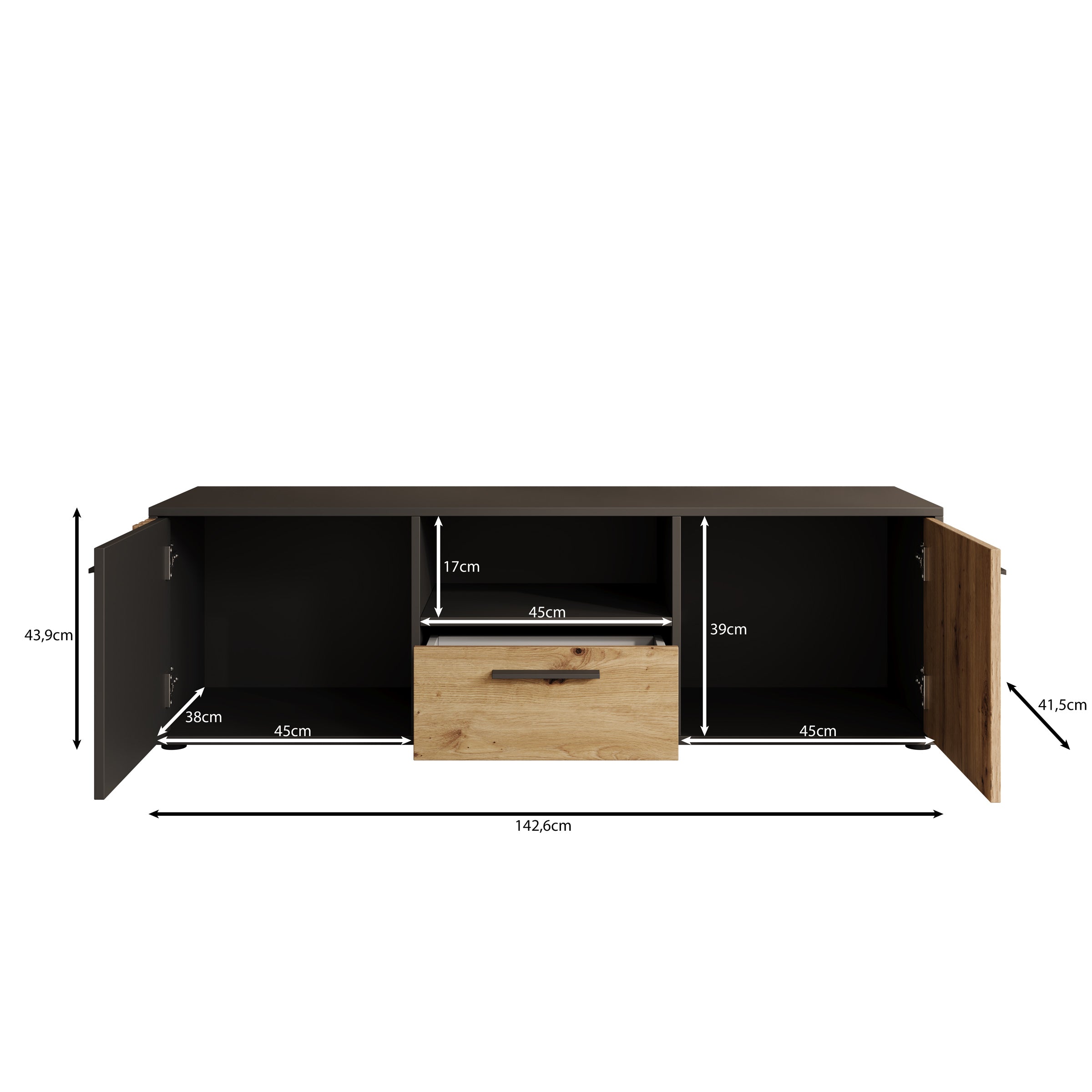Clover - TV-Meubel - Eiken/Zwart - 143x42x44 cm