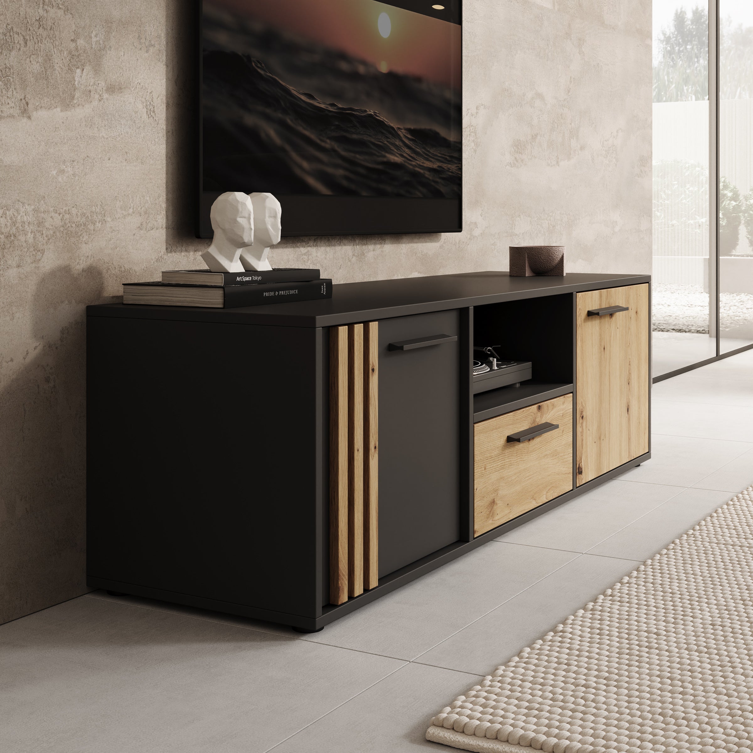 Clover - TV-Meubel - Eiken/Zwart - 143x42x44 cm