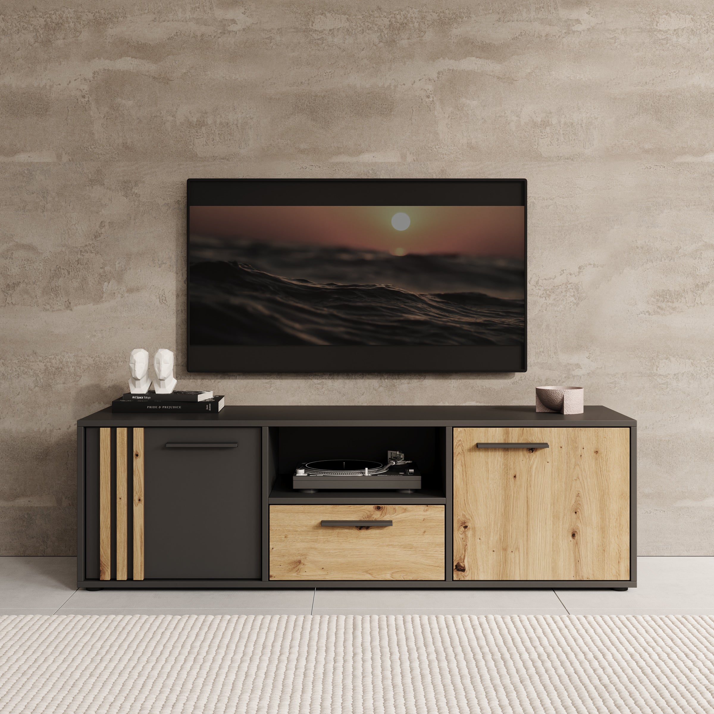 Clover - TV-Meubel - Eiken/Zwart - 143x42x44 cm