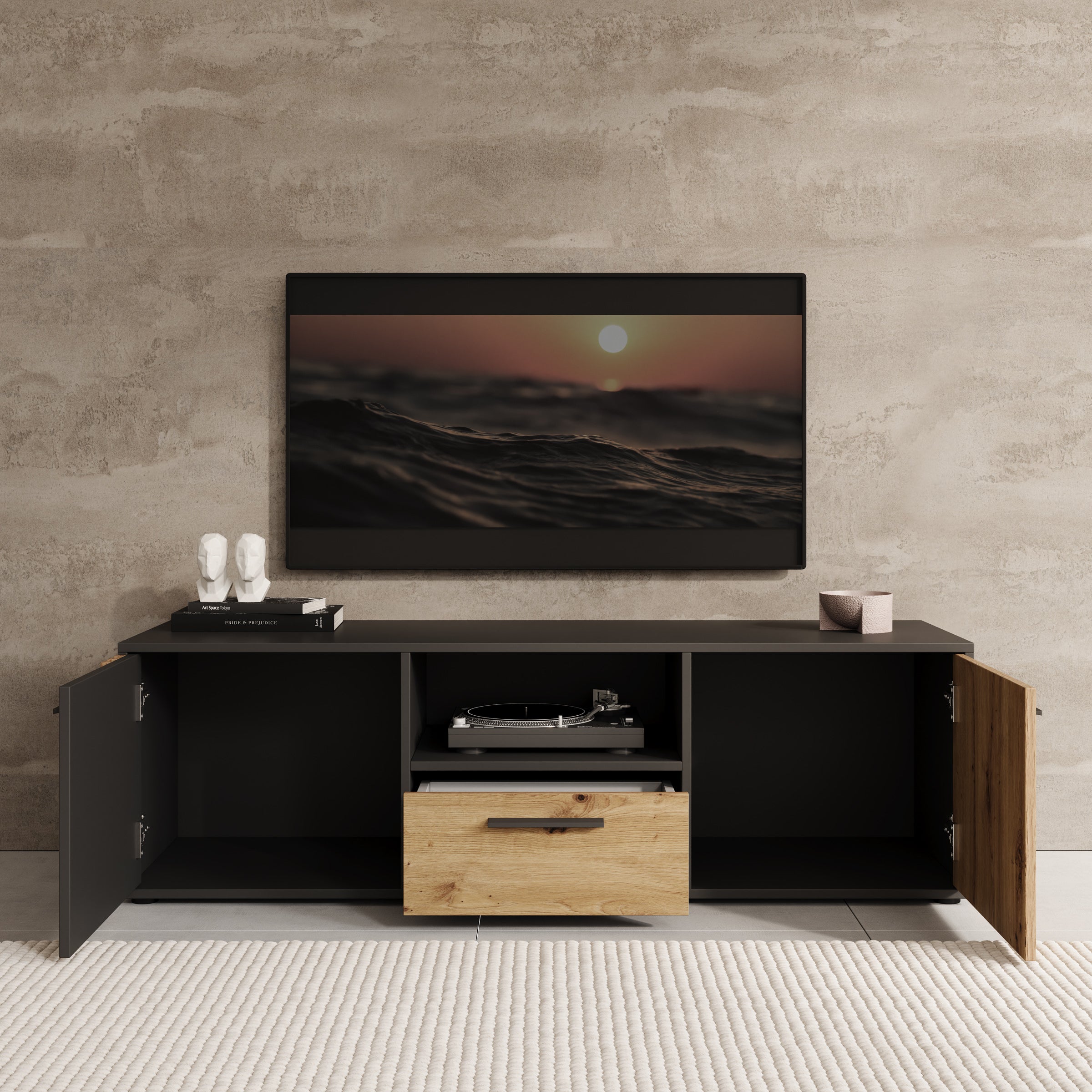 Clover - TV-Meubel - Eiken/Zwart - 143x42x44 cm