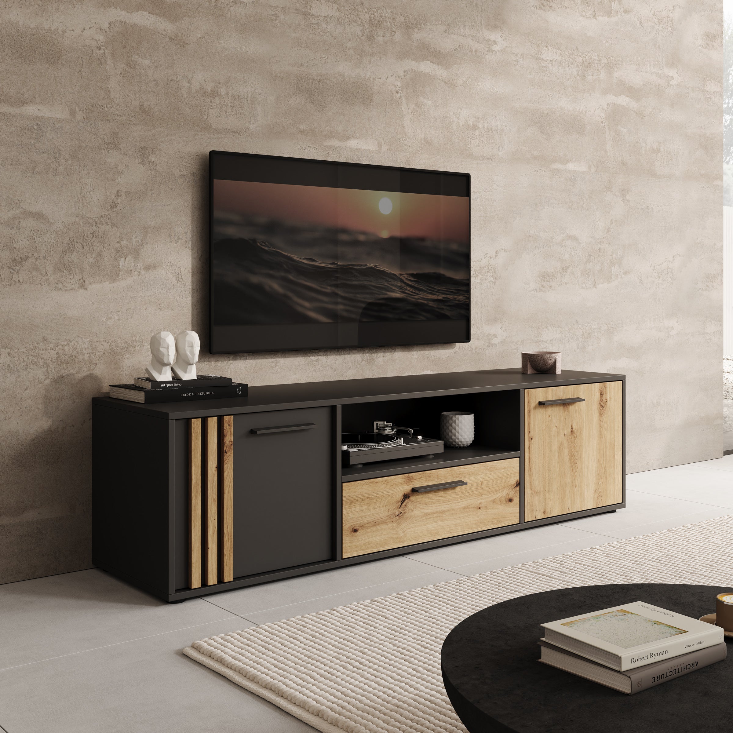 Clover - TV-Meubel - Eiken/Zwart - 163x42x44 cm