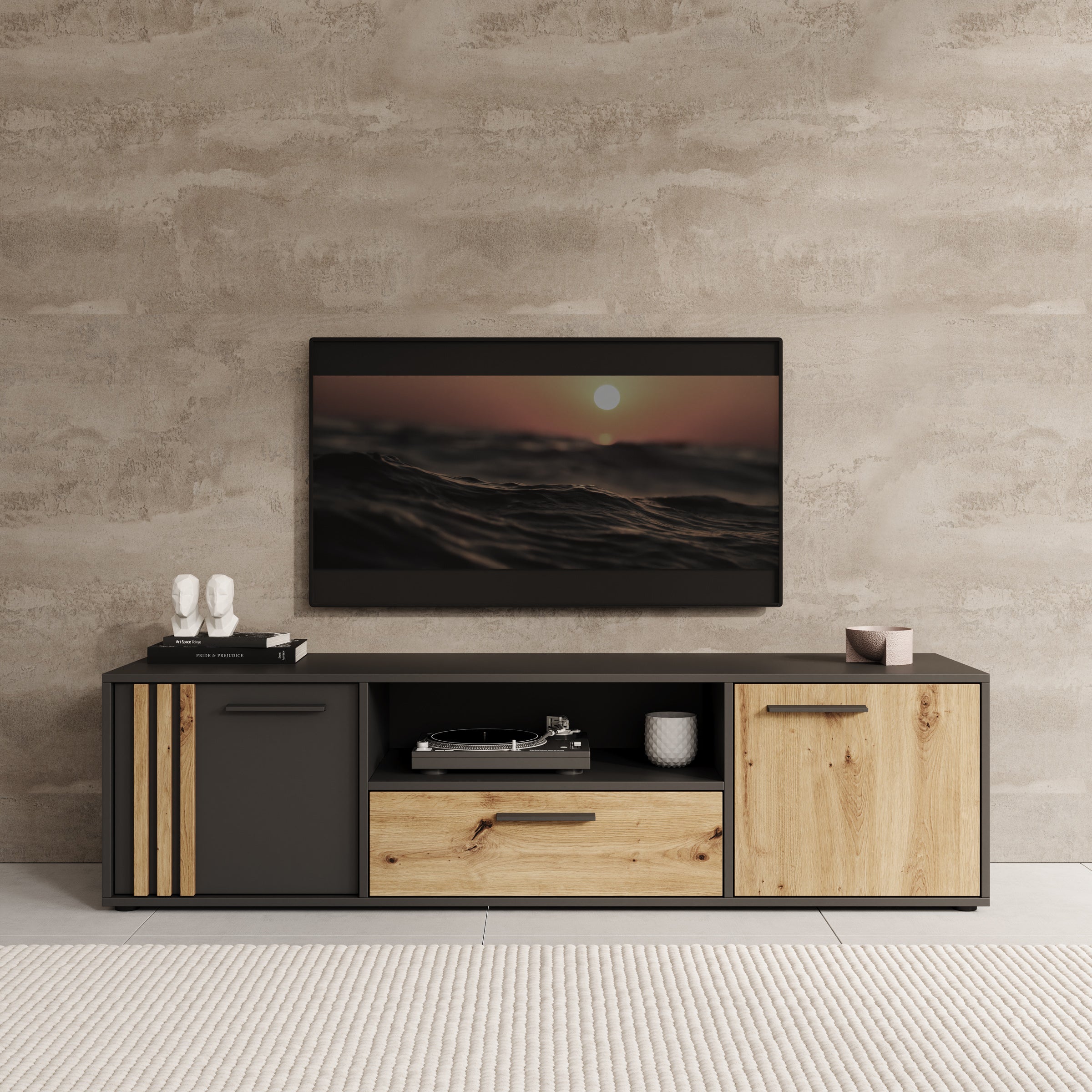 Clover - TV-Meubel - Eiken/Zwart - 163x42x44 cm