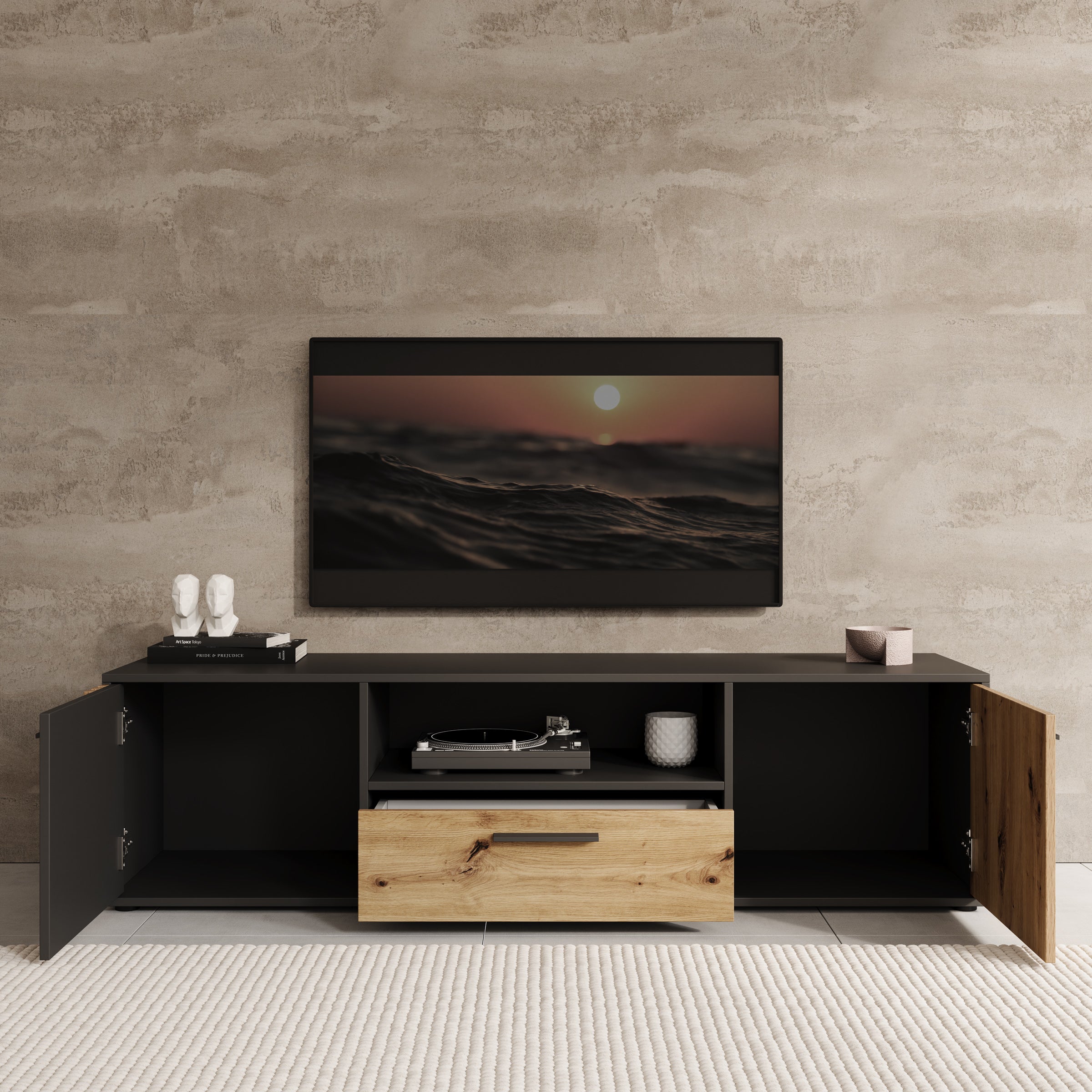 Clover - TV-Meubel - Eiken/Zwart - 163x42x44 cm