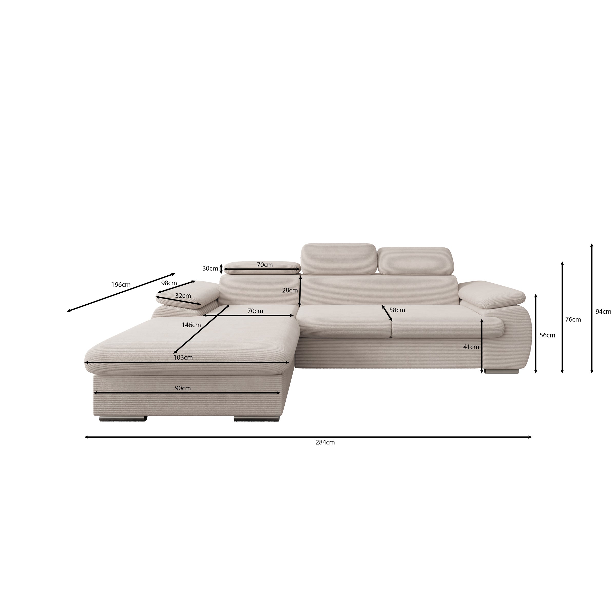 Cordoba - Hoekbank 3-zits met chaise longue - Ribstof beige - Links