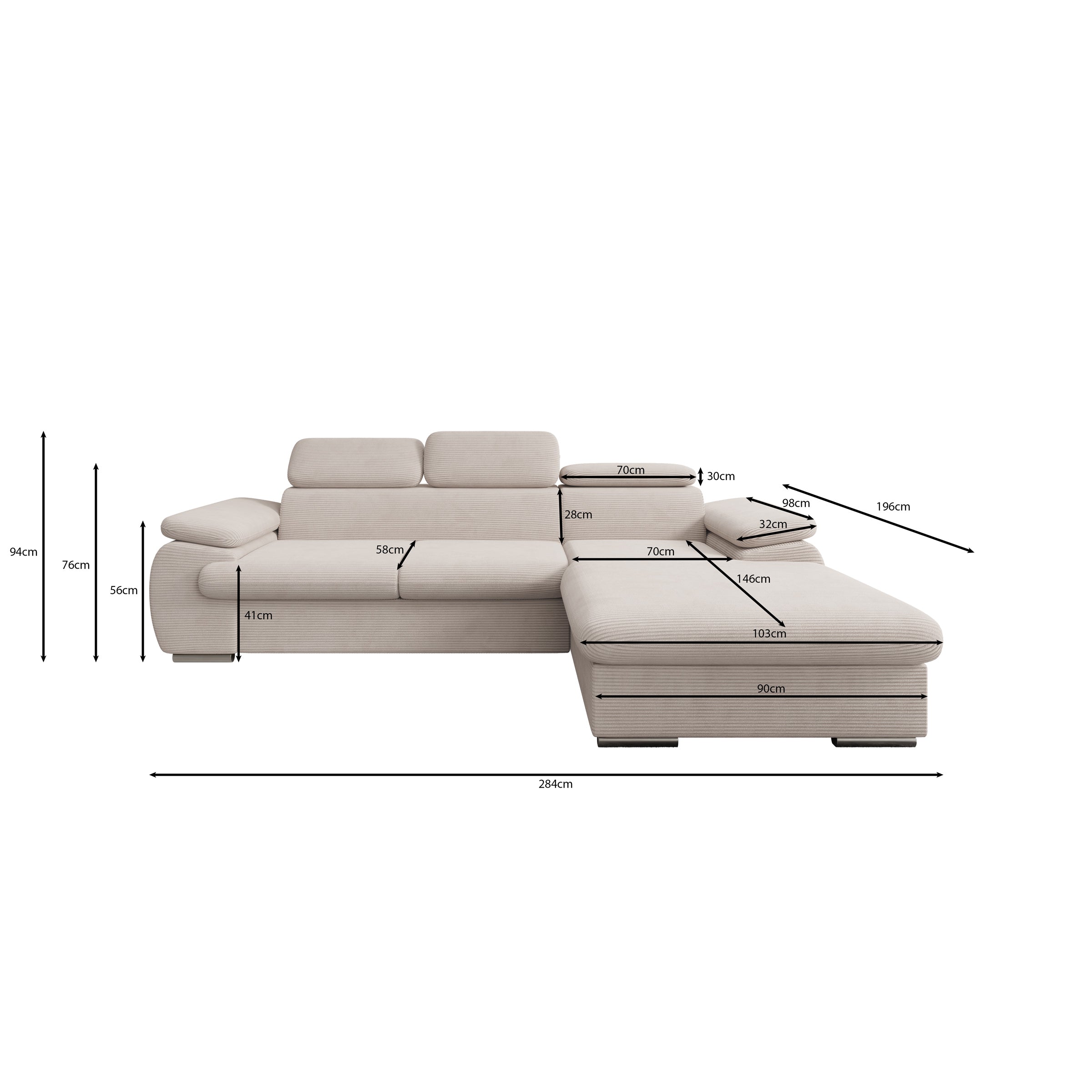 Cordoba - Hoekbank 3-zits met chaise longue - Ribstof grijs - Rechts