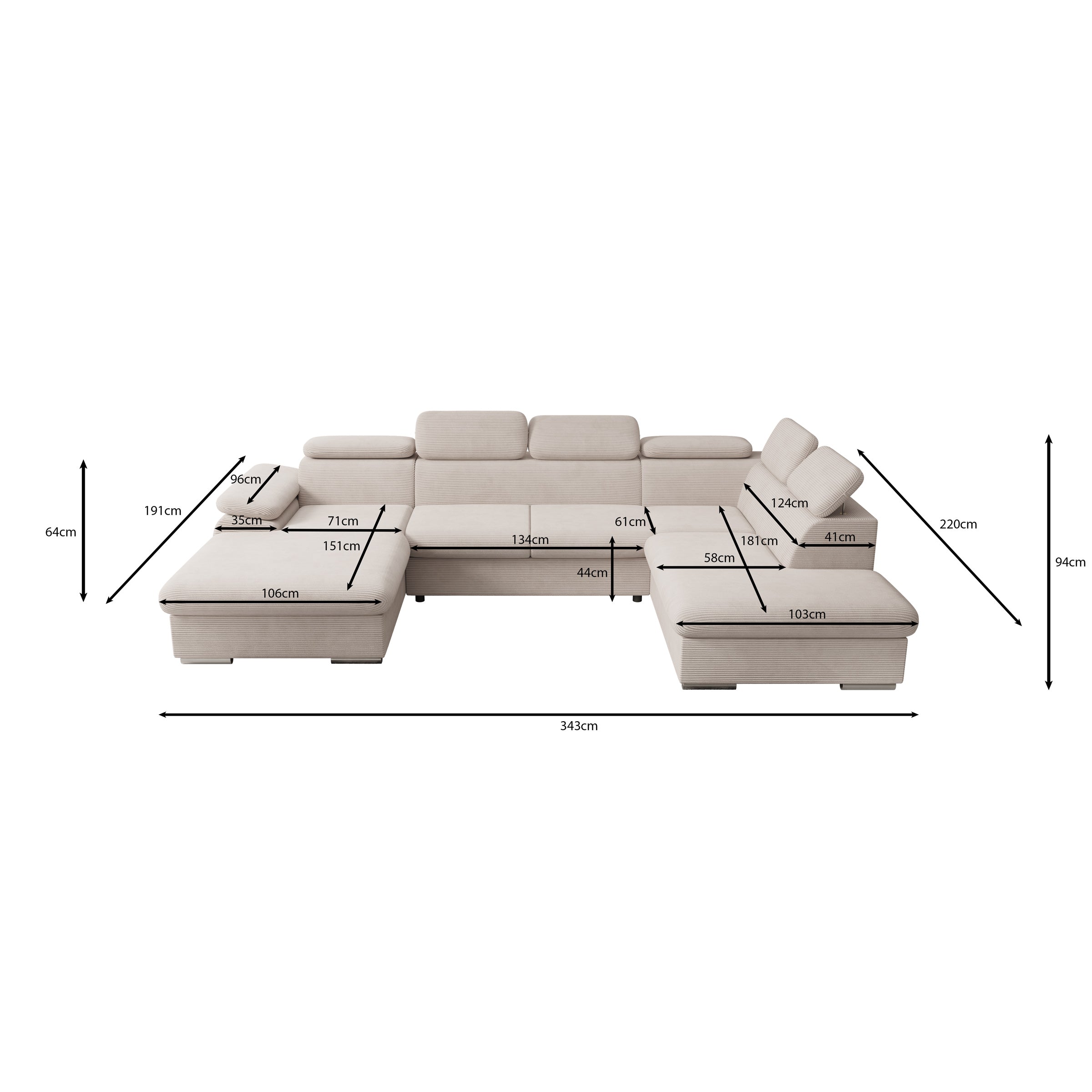 Cordoba XL - Hoekbank 5-zits met chaise longue - Ribstof beige - Links