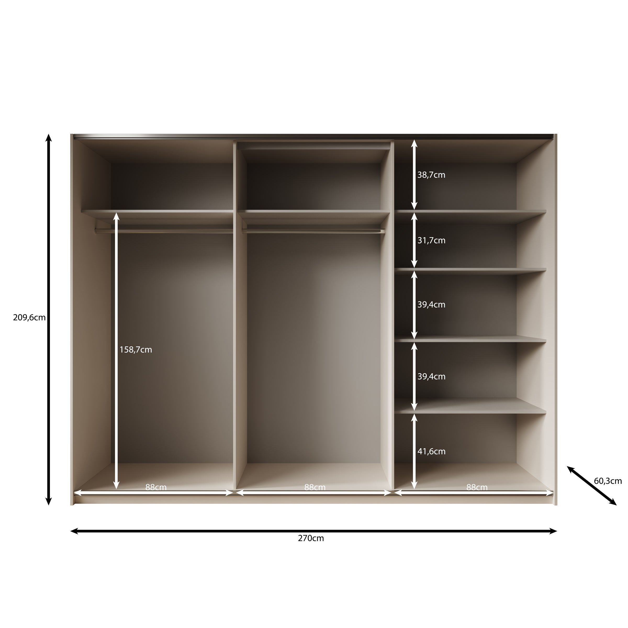 Cotto - Kledingkast met schuifdeuren - Beige - 270x60x210 cm