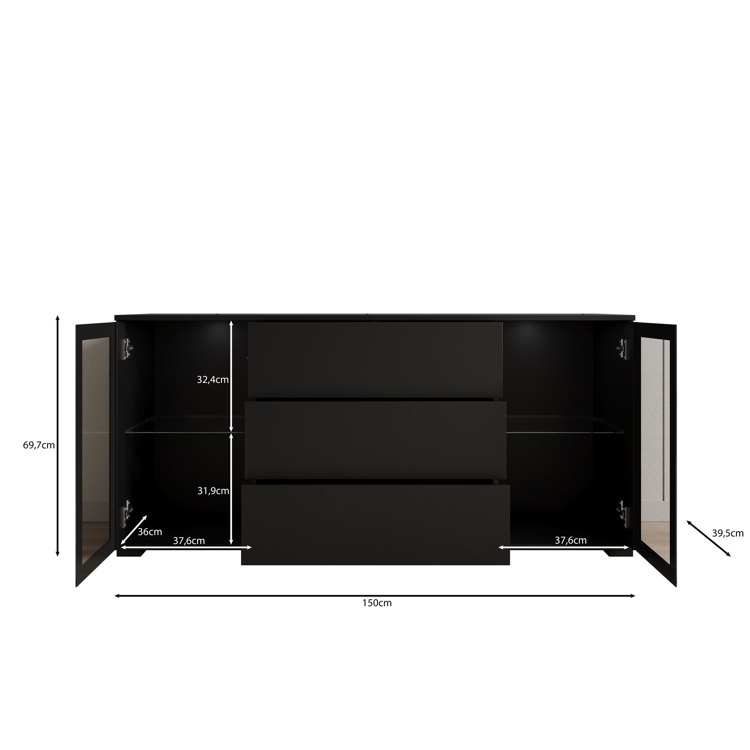 Cres - Dressoir - Zwart - 150x40x70 cm