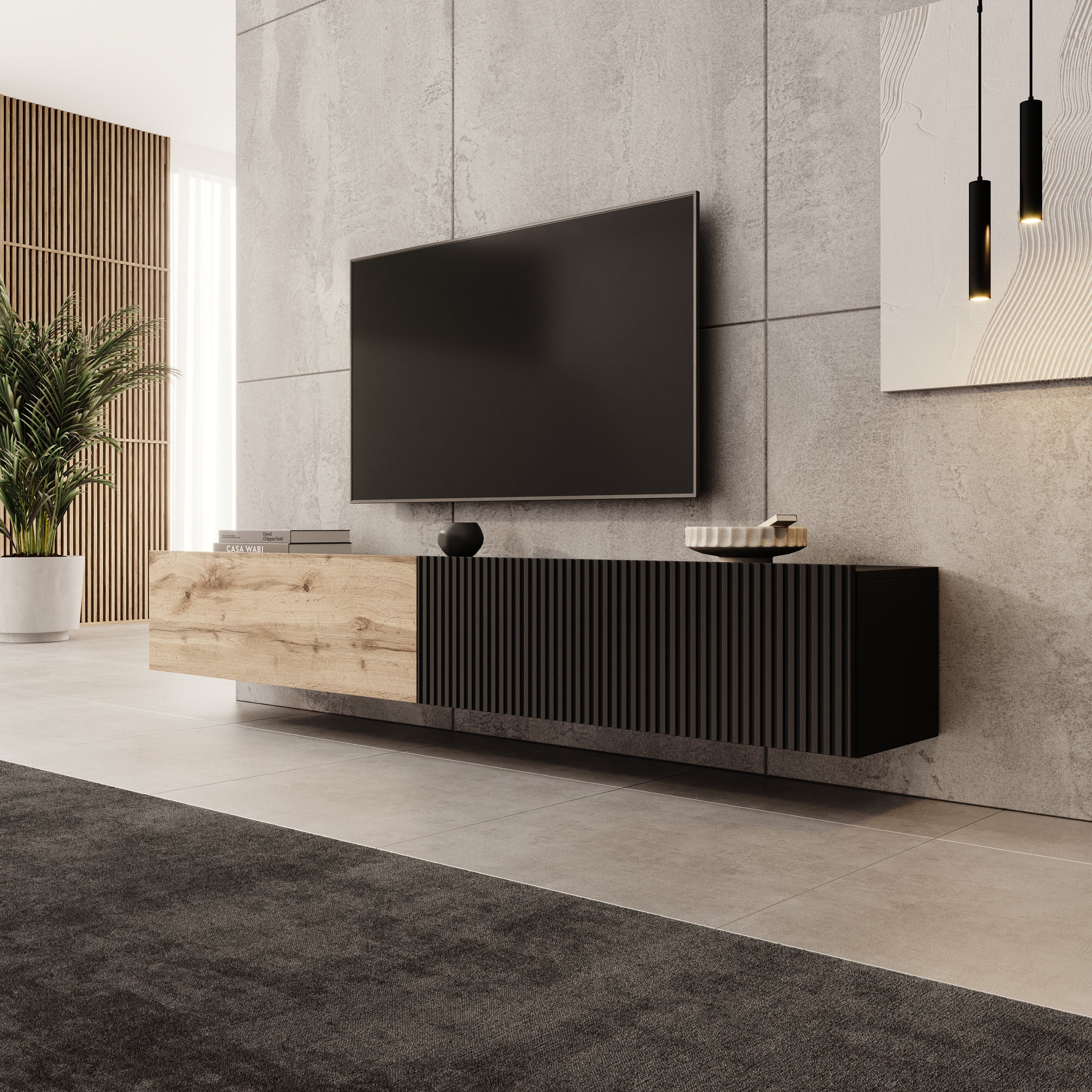 Cruzar - TV-Meubel - Zwart/Eiken - 200x30x31 cm