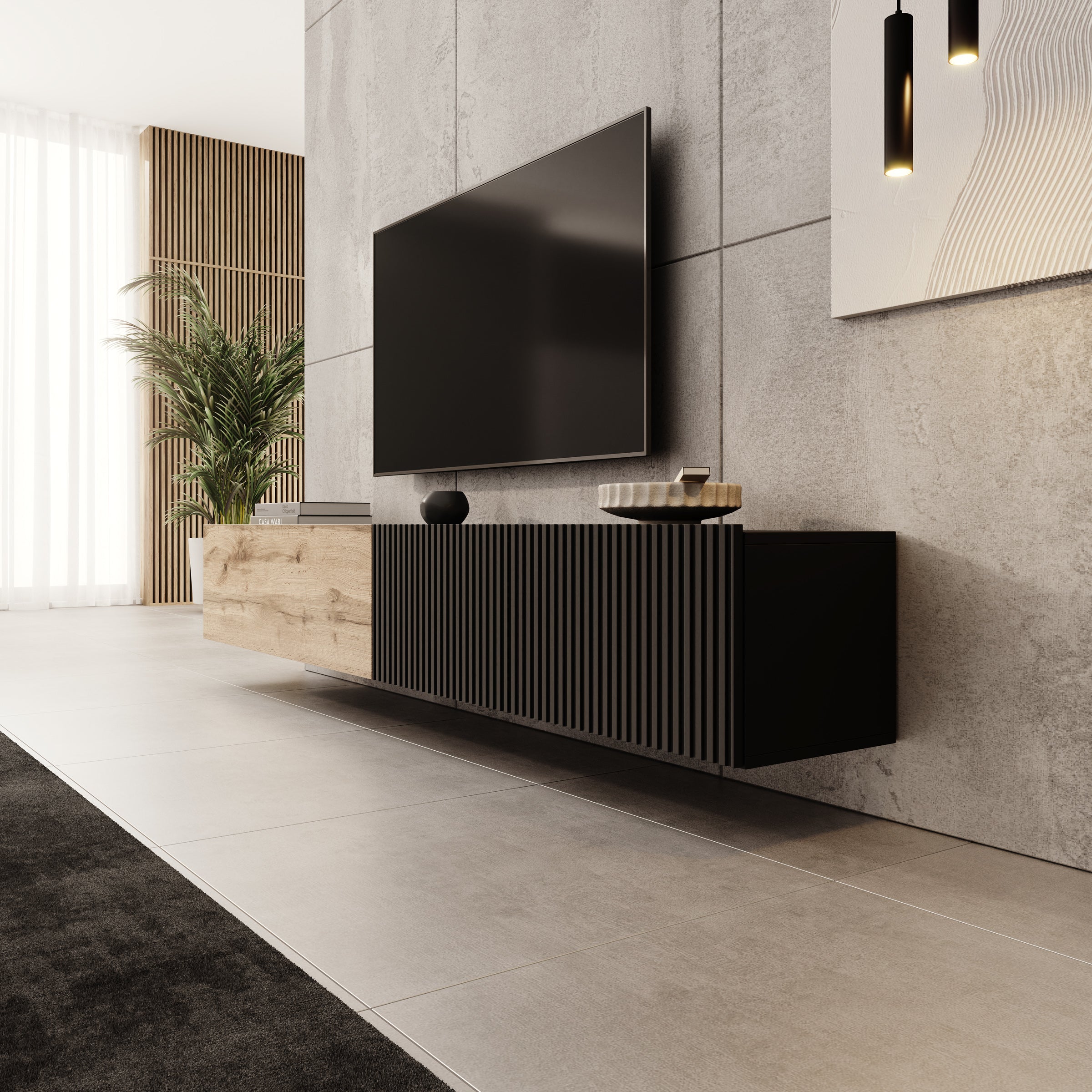 Cruzar - TV-Meubel - Zwart/Eiken - 200x30x31 cm