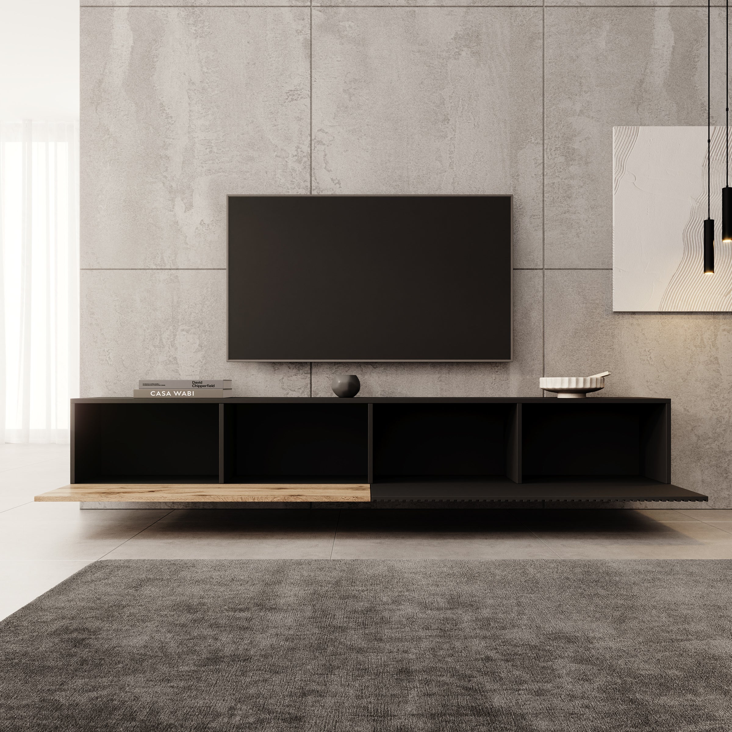 Cruzar - TV-Meubel - Zwart/Eiken - 200x30x31 cm